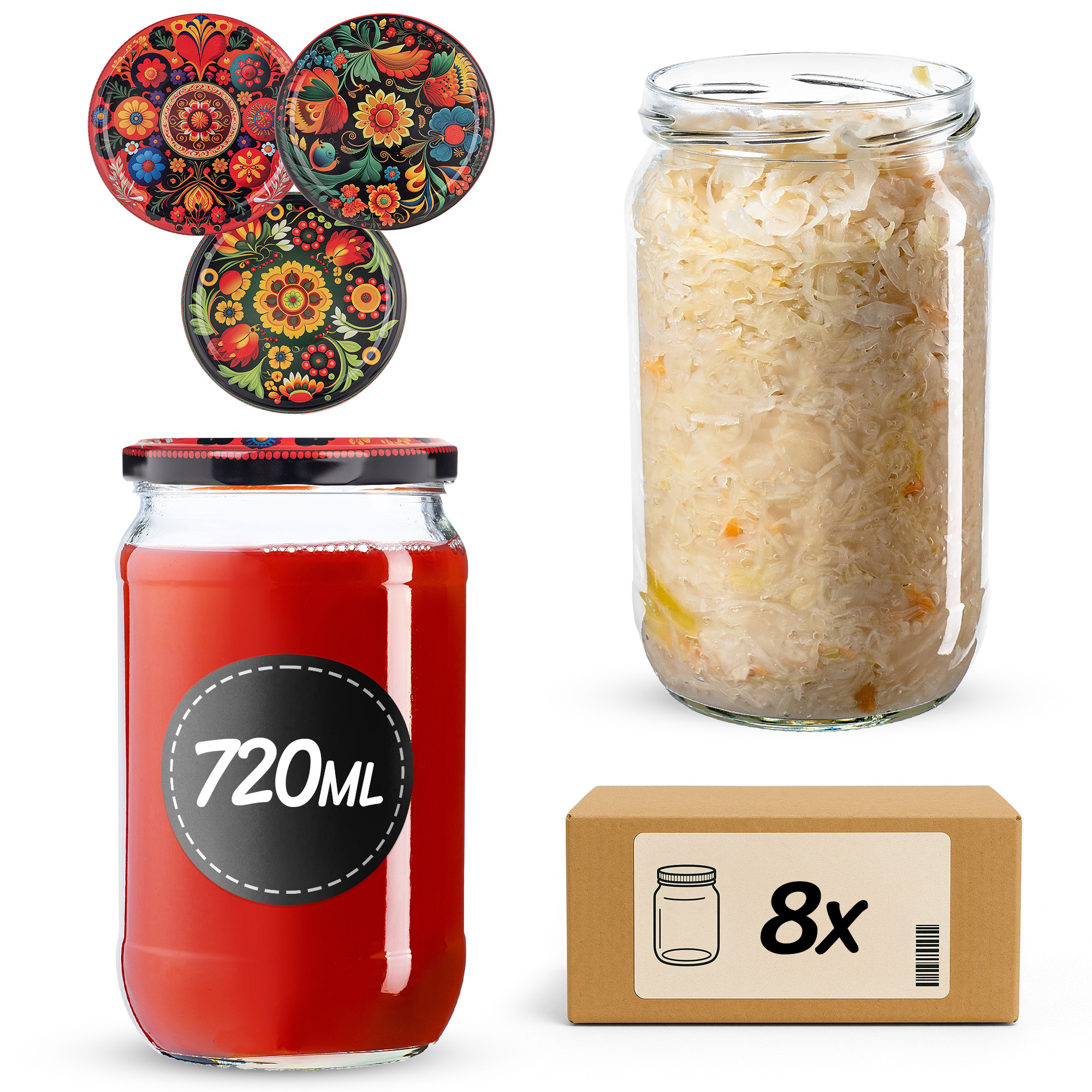 Słoiki na przetwory Niva 720ml fi 82 mm 8szt + wieczko Haftowanka