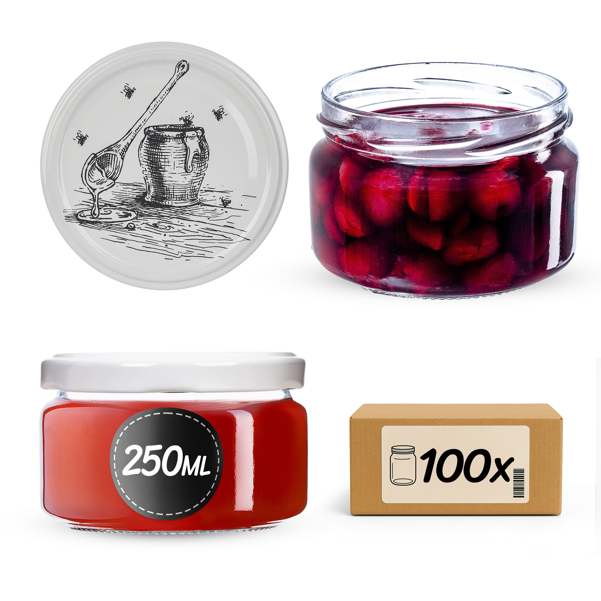 Słoiki na przetwory Denia 250ml 100szt fi 82 mm + wieczko "Pszczoła"