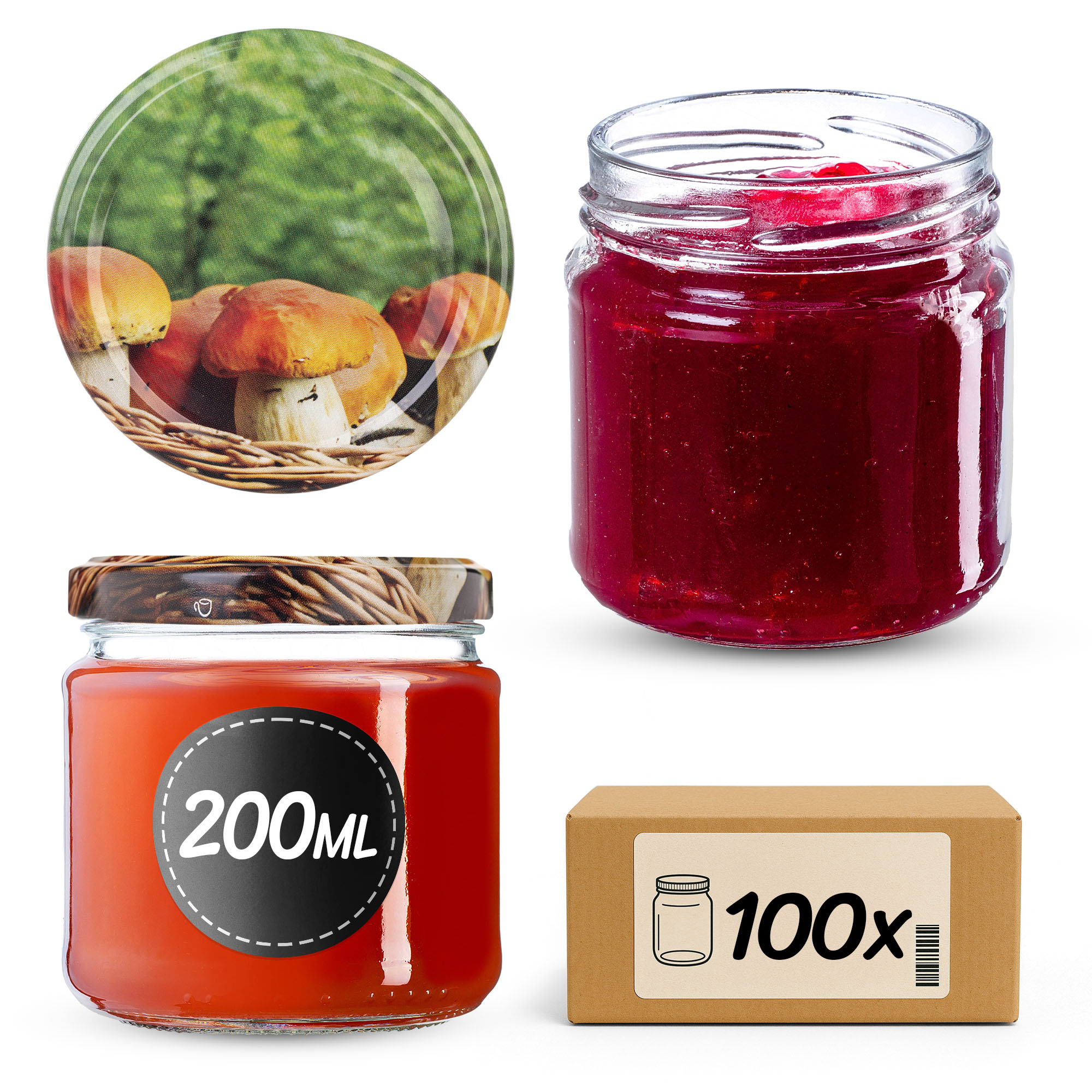 Słoiki na przetwory Lerma 200ml 100szt fi 66 mm + wieczka "Grzyby w koszyku"