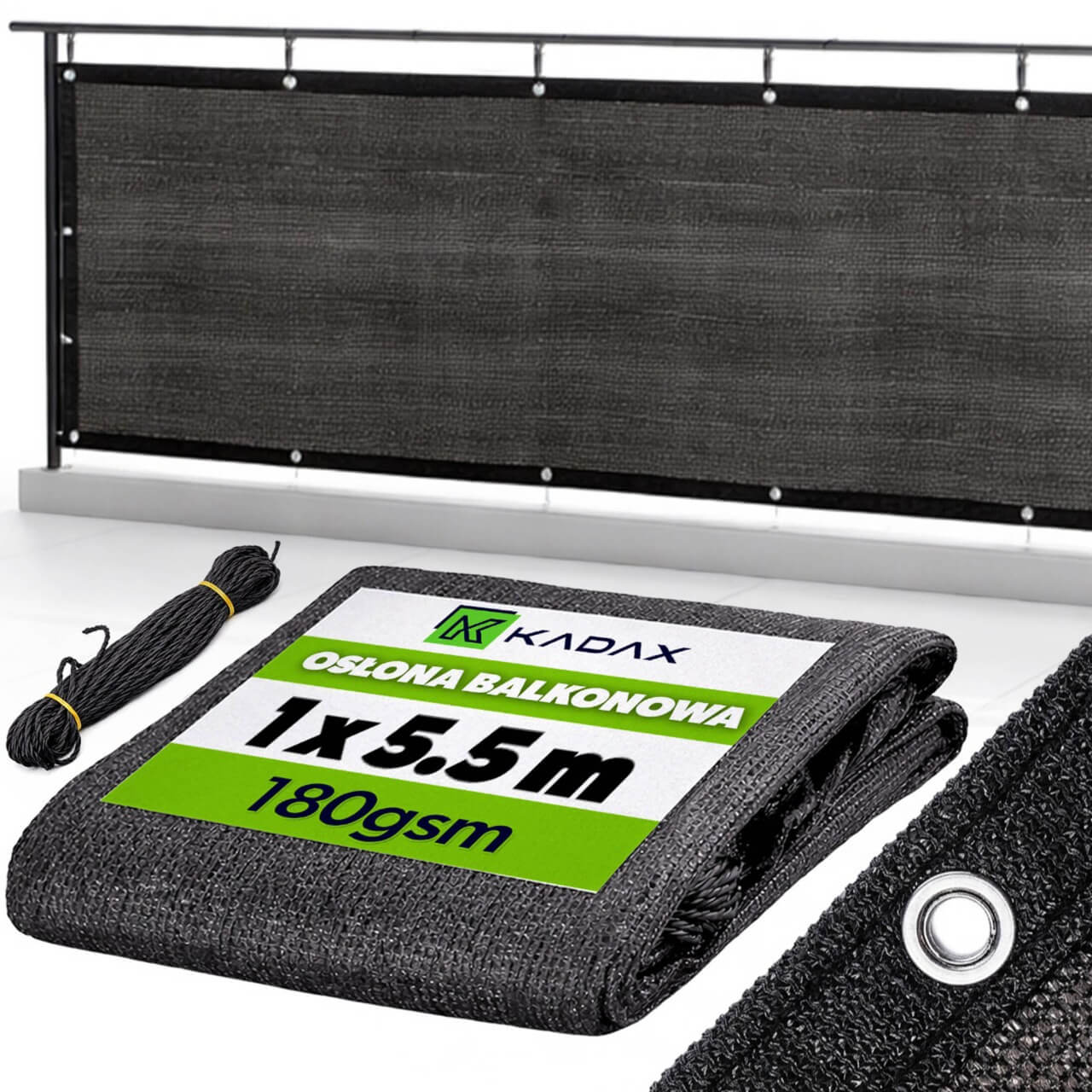 Osłona balkonowa Thus 1 x 5.5 m PE 180 g/m² czarna