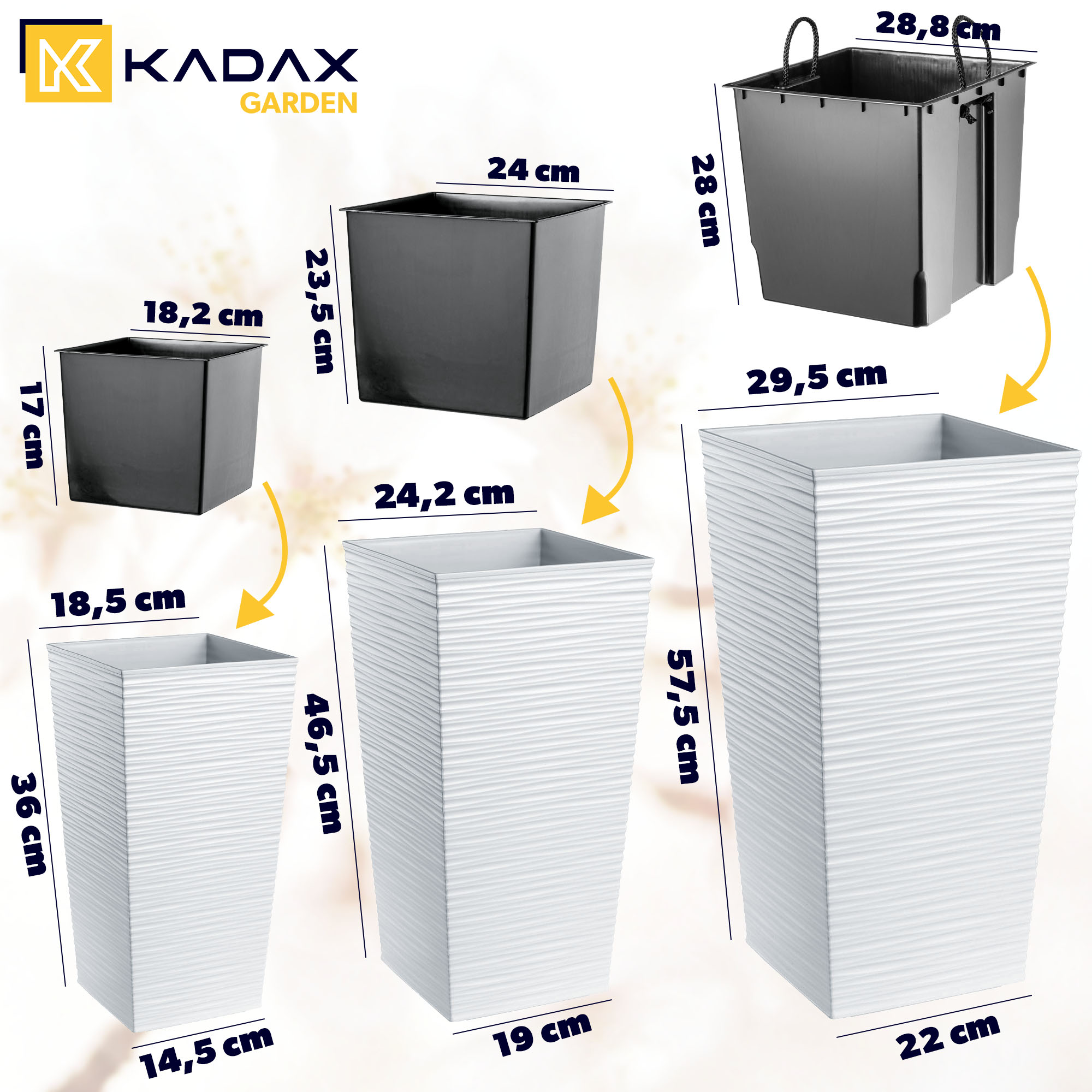 Donice na kwiaty wkładem Tuluza dłuto 19 cm + 25 cm + 30 cm, białe