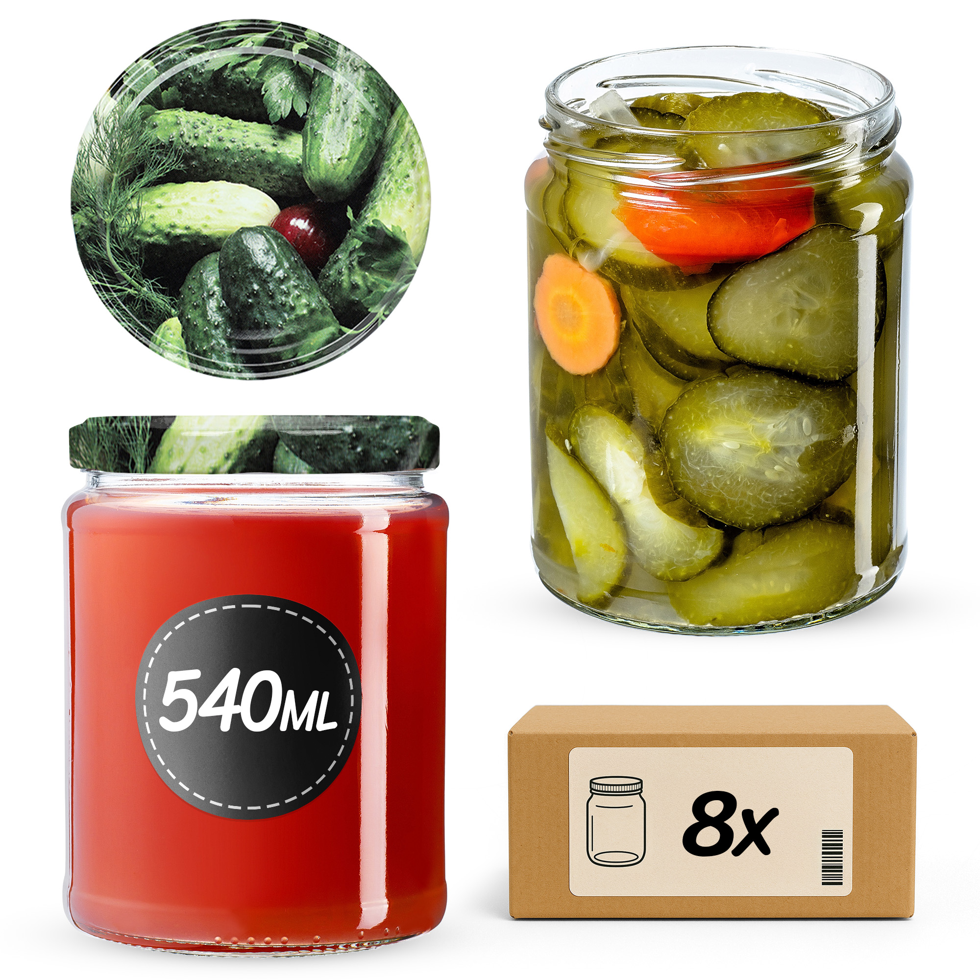 Słoiki na przetwory Maki 540ml 8szt fi 82 mm + wieczka "Ogórki"