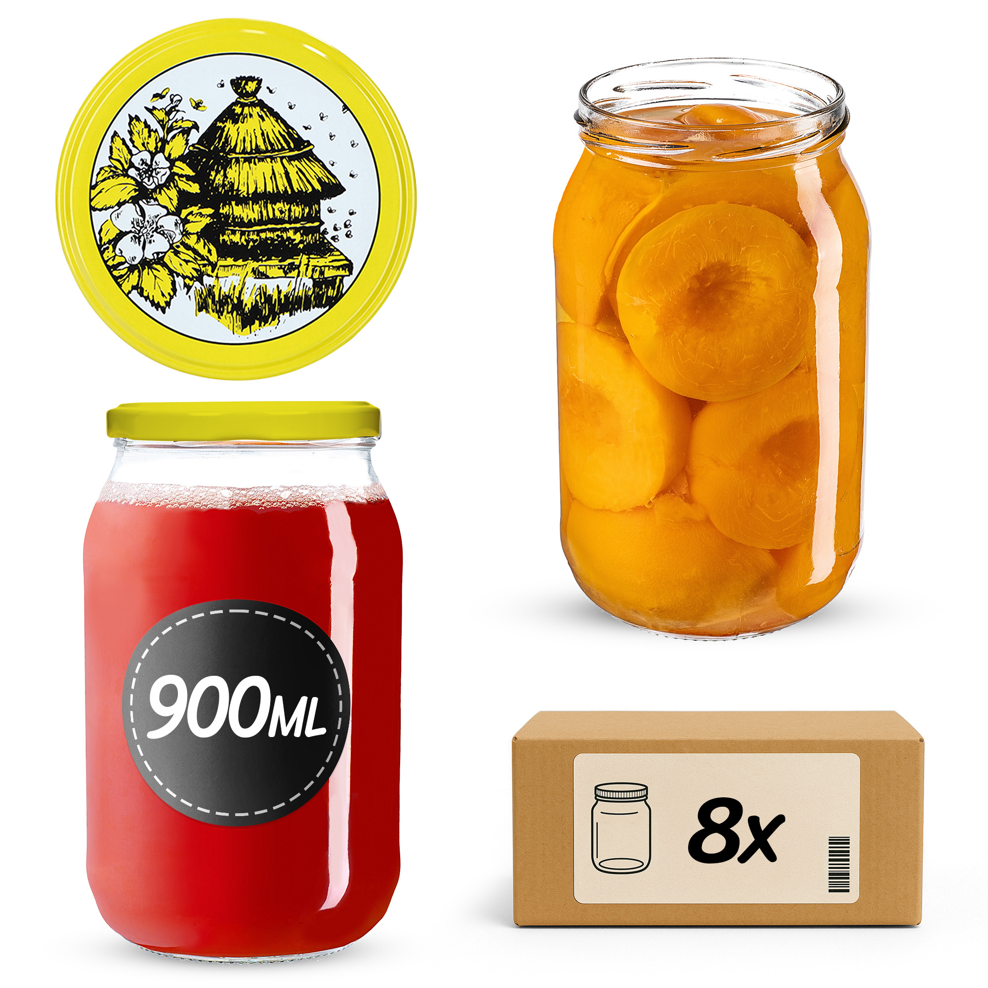 Słoiki na przetwory Simo 900ml 8szt fi 82 mm + wieczka "Pszczoły"