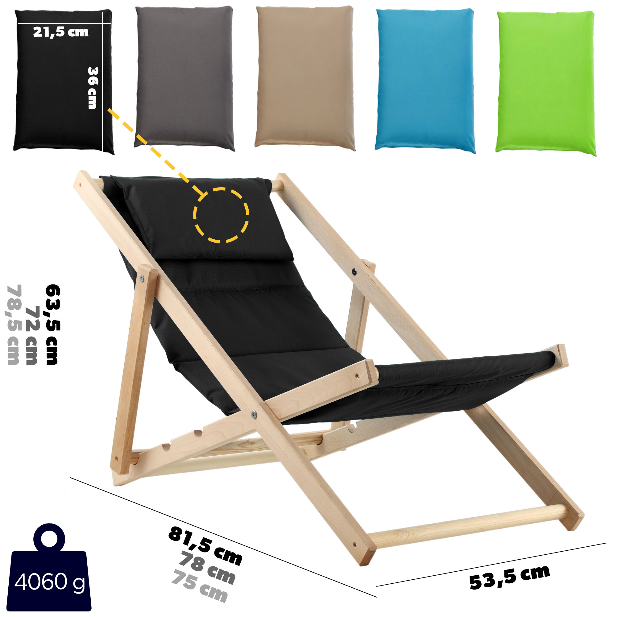 Leżak plażowy z poduszką Troia, czarny