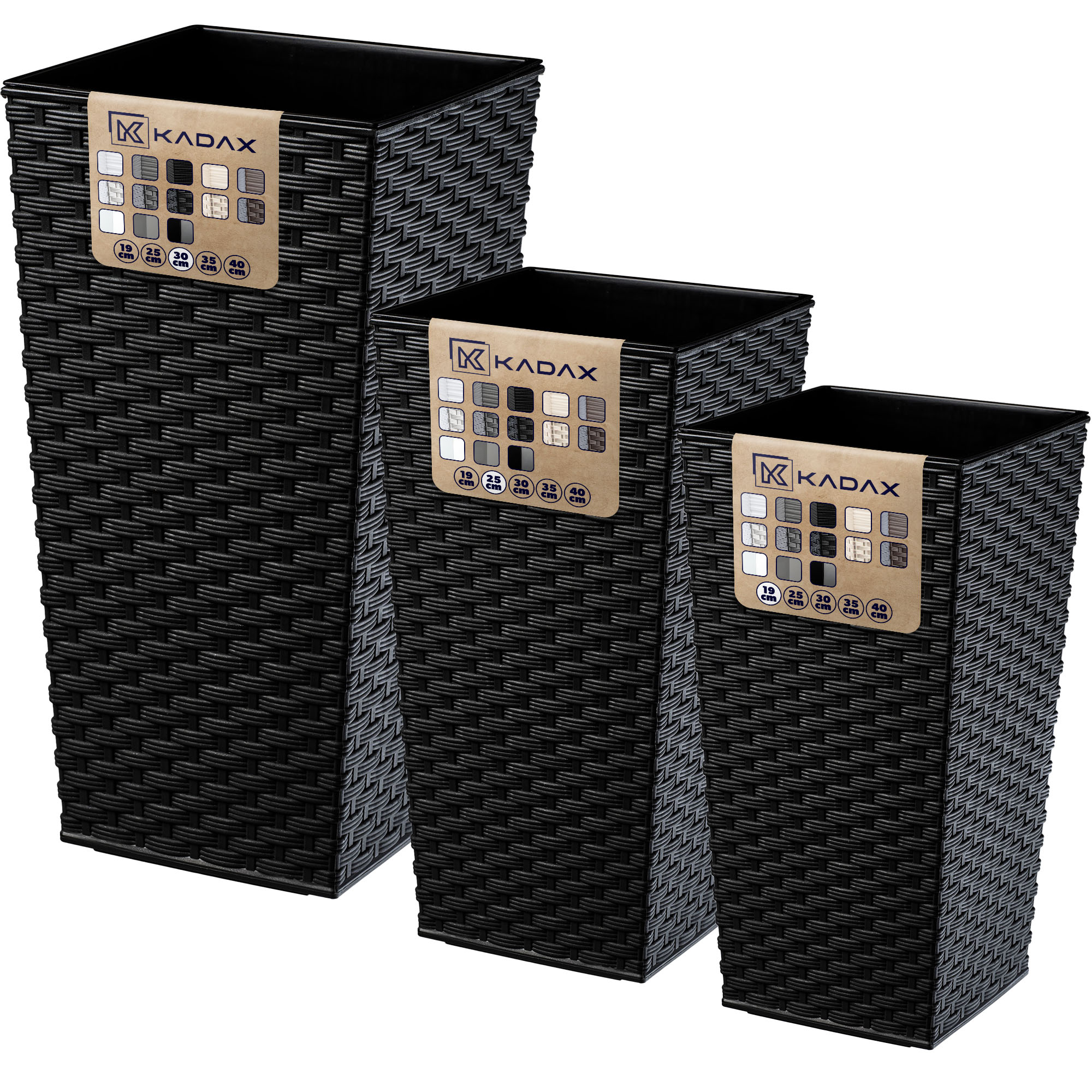 Donice na kwiaty z wkładem Pesaro rattan 19 cm + 25 cm + 30 cm, czarne