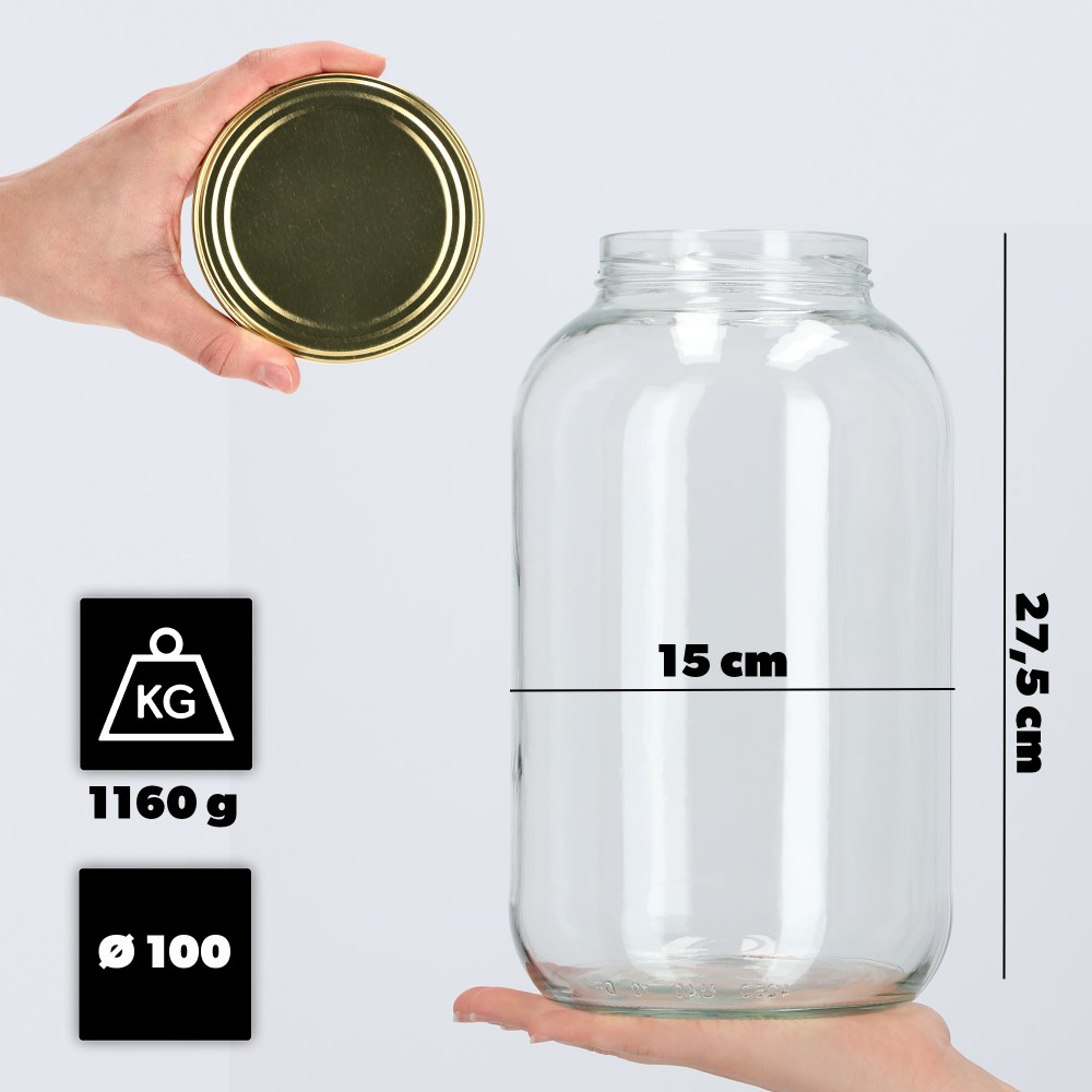 Szklany słój Brest 4L 100 mm + wieczko złote 8szt
