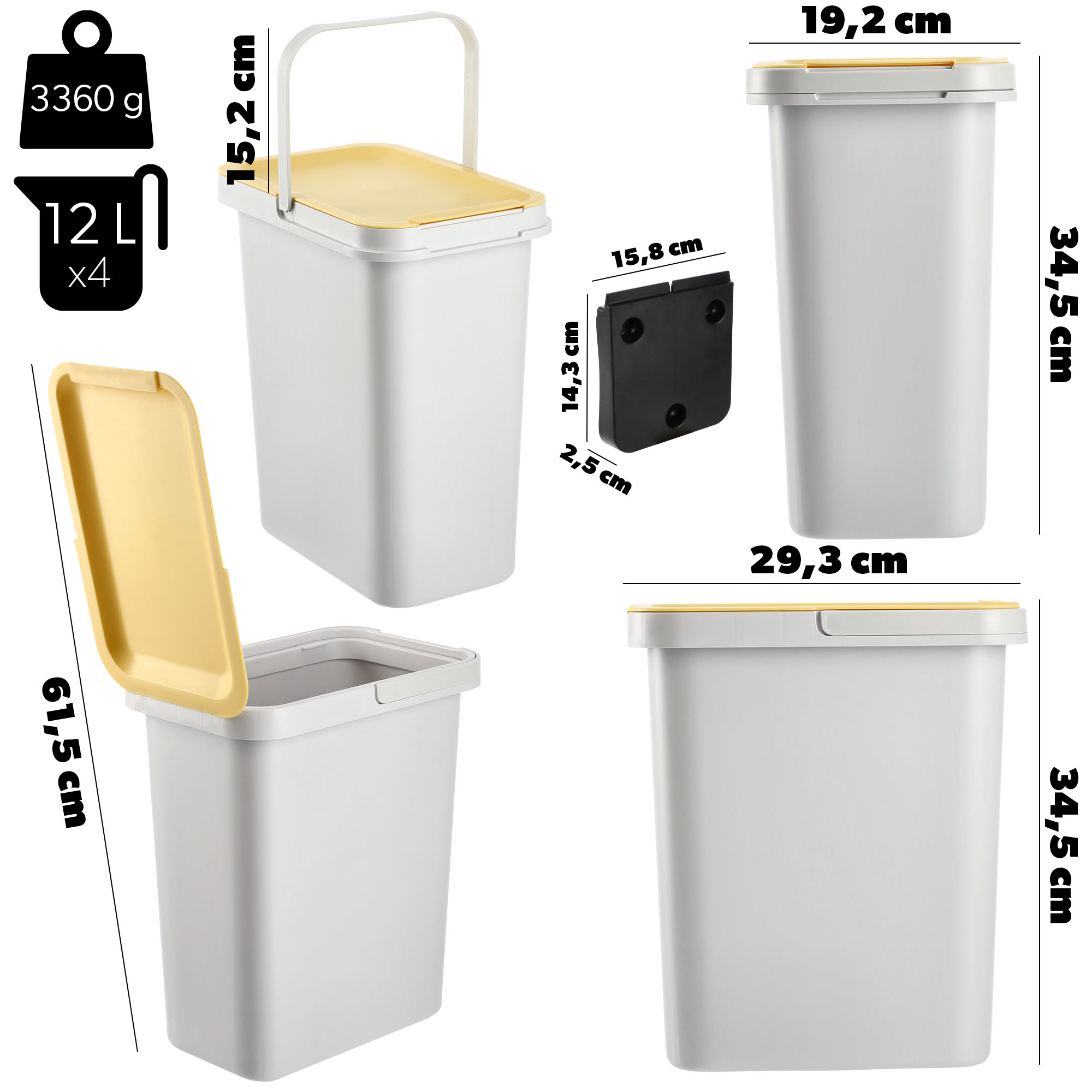 Kosz na śmieci Rully 4 x 12 L z uchwytami mocującymi