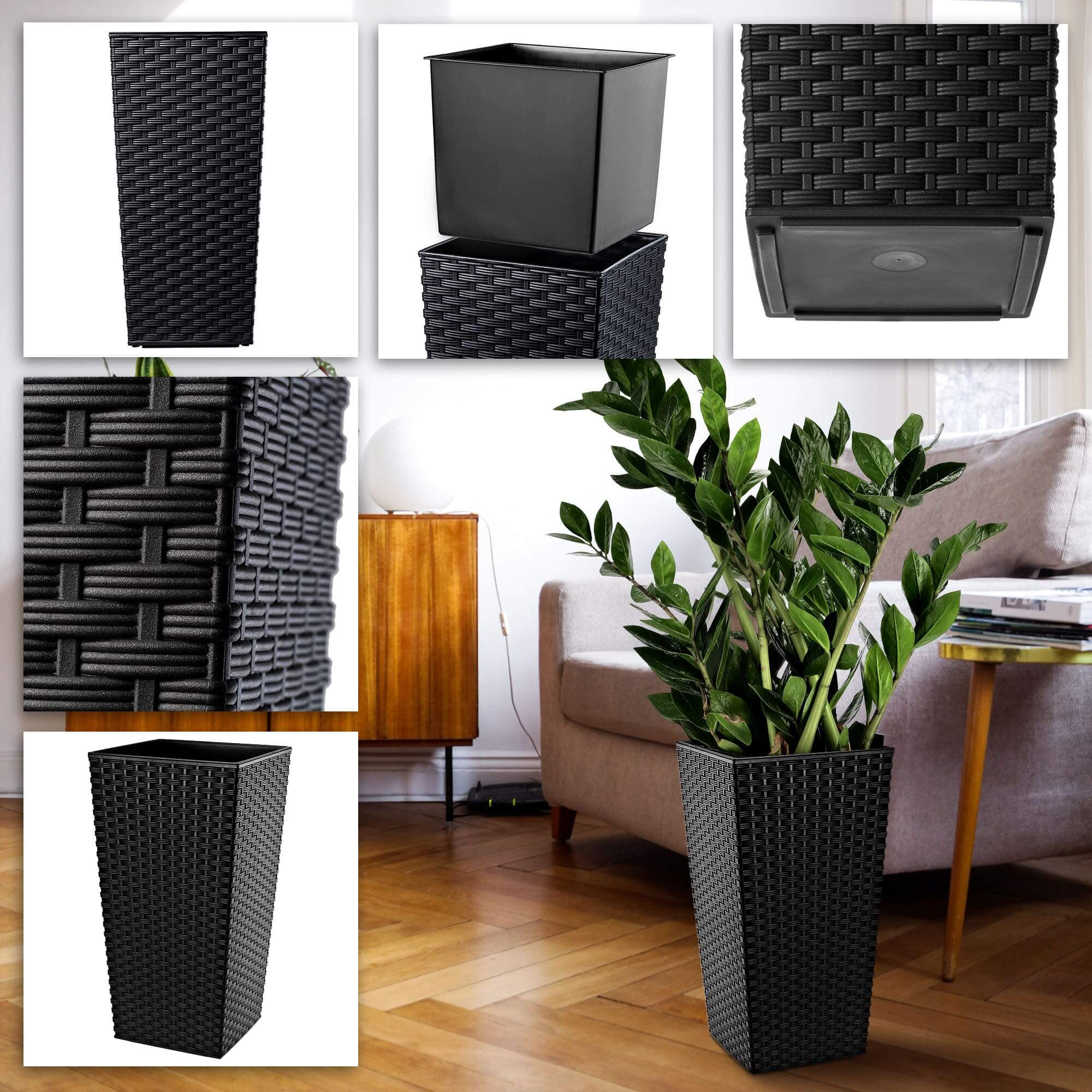 Donica na kwiaty z wkładem rattan Pesaro 19 cm, czarna