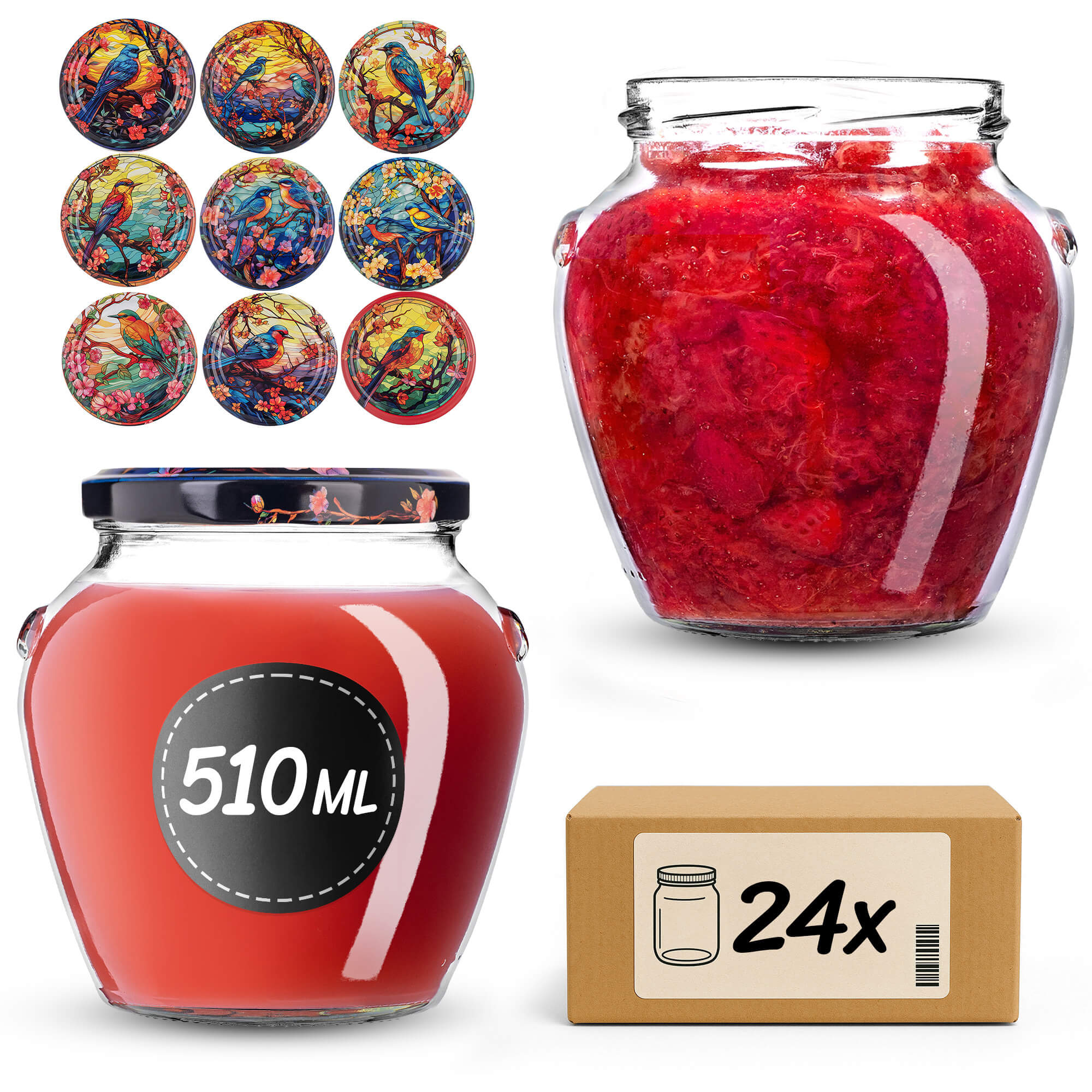 Słoiki na przetwory Sassa 580ml 24szt fi 82 mm + wieczka "Witraż z ptakami"