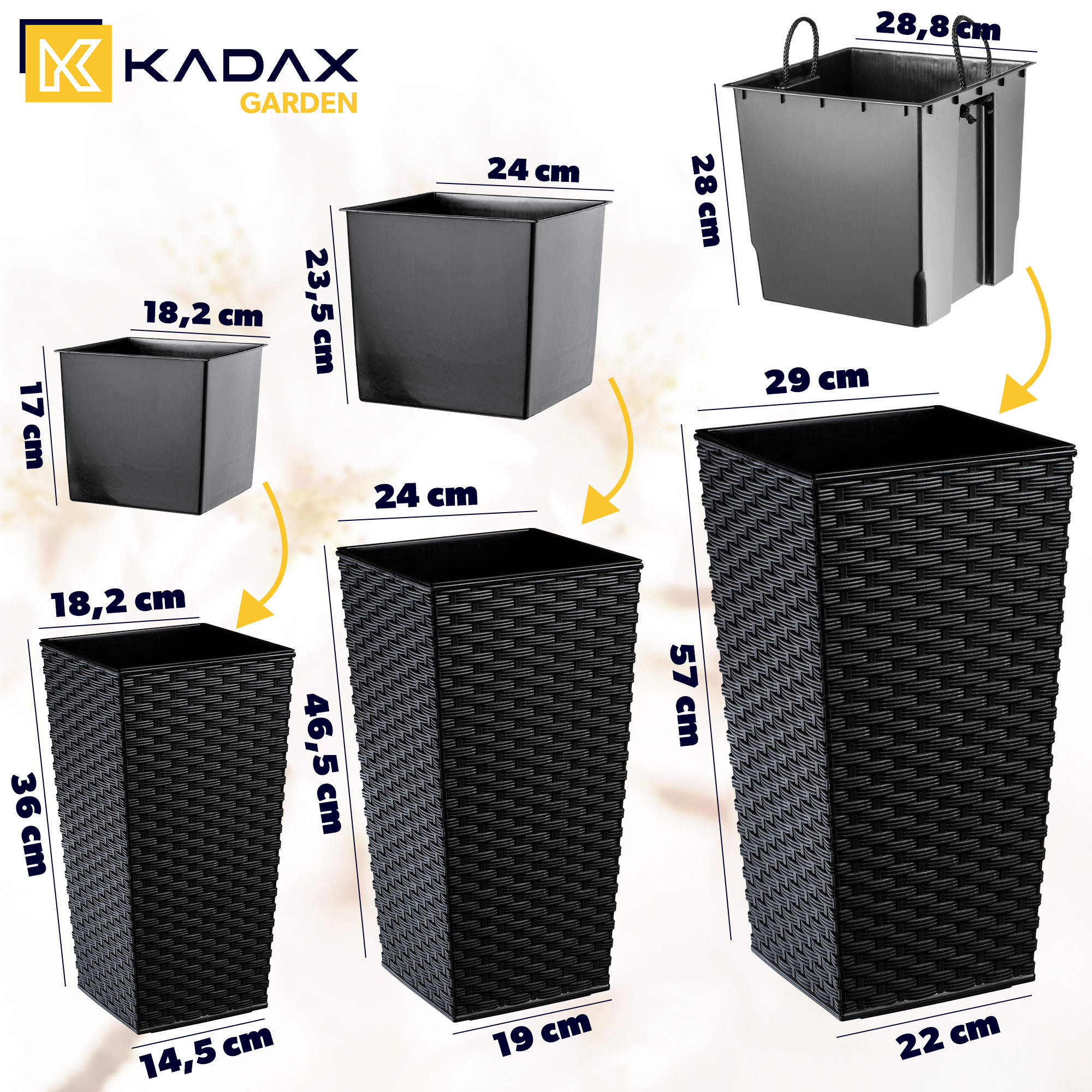 Donice na kwiaty z wkładem Pesaro rattan 19 cm + 25 cm + 30 cm, czarne