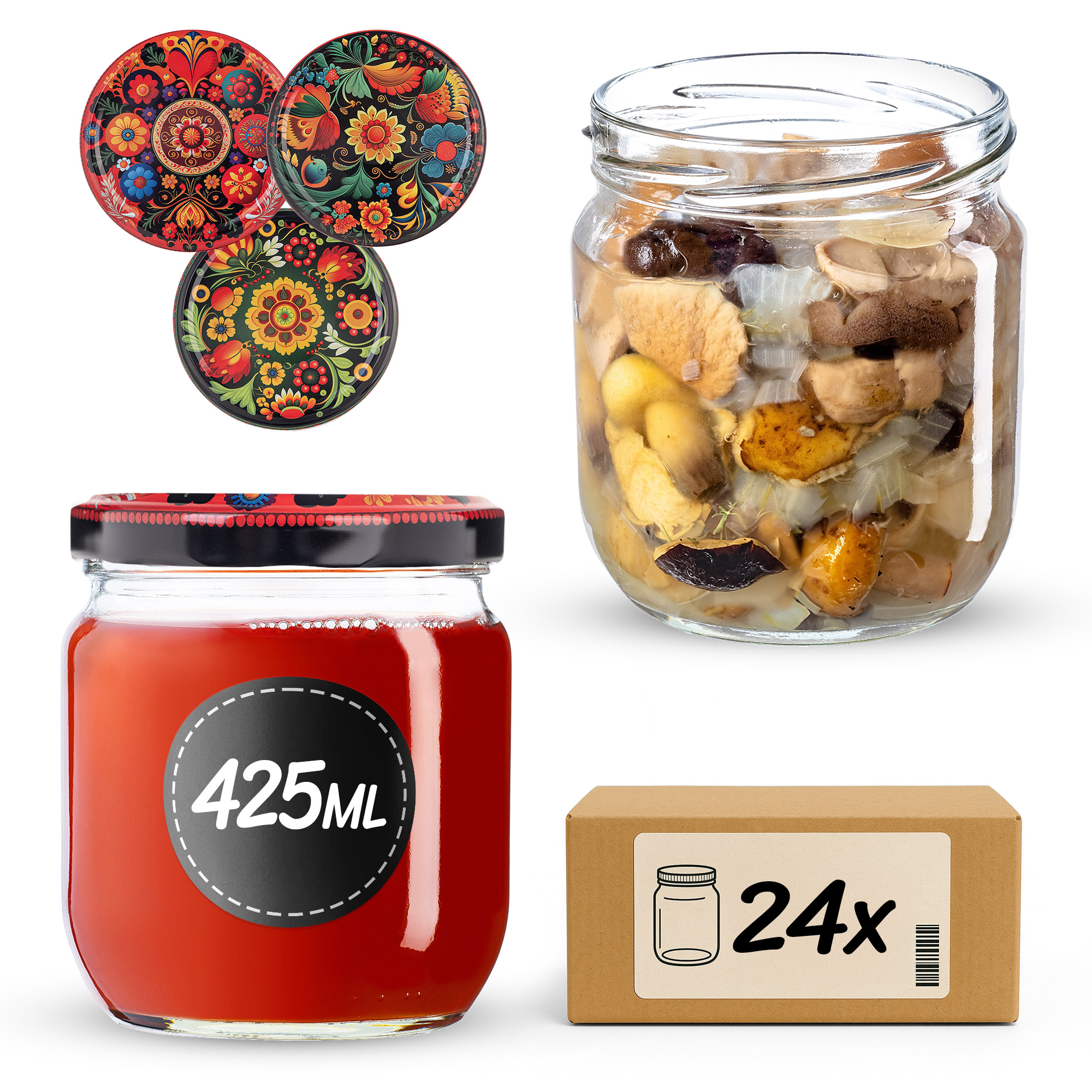 Słoiki na przetwory Salla 425ml fi 82 mm 24szt + wieczko Haftowanka