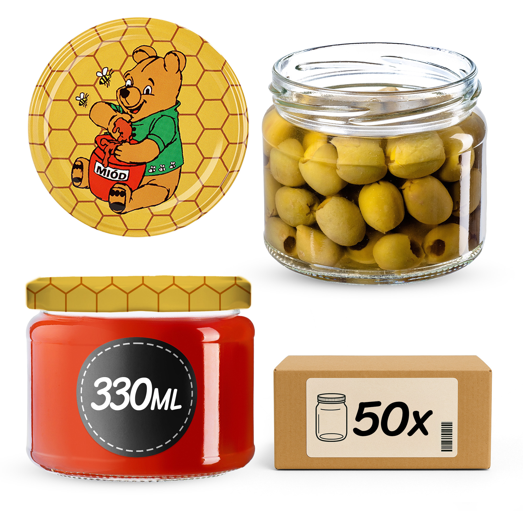 Słoiki Sonka 330ml 50szt fi 82 mm + wieczka "Miód"