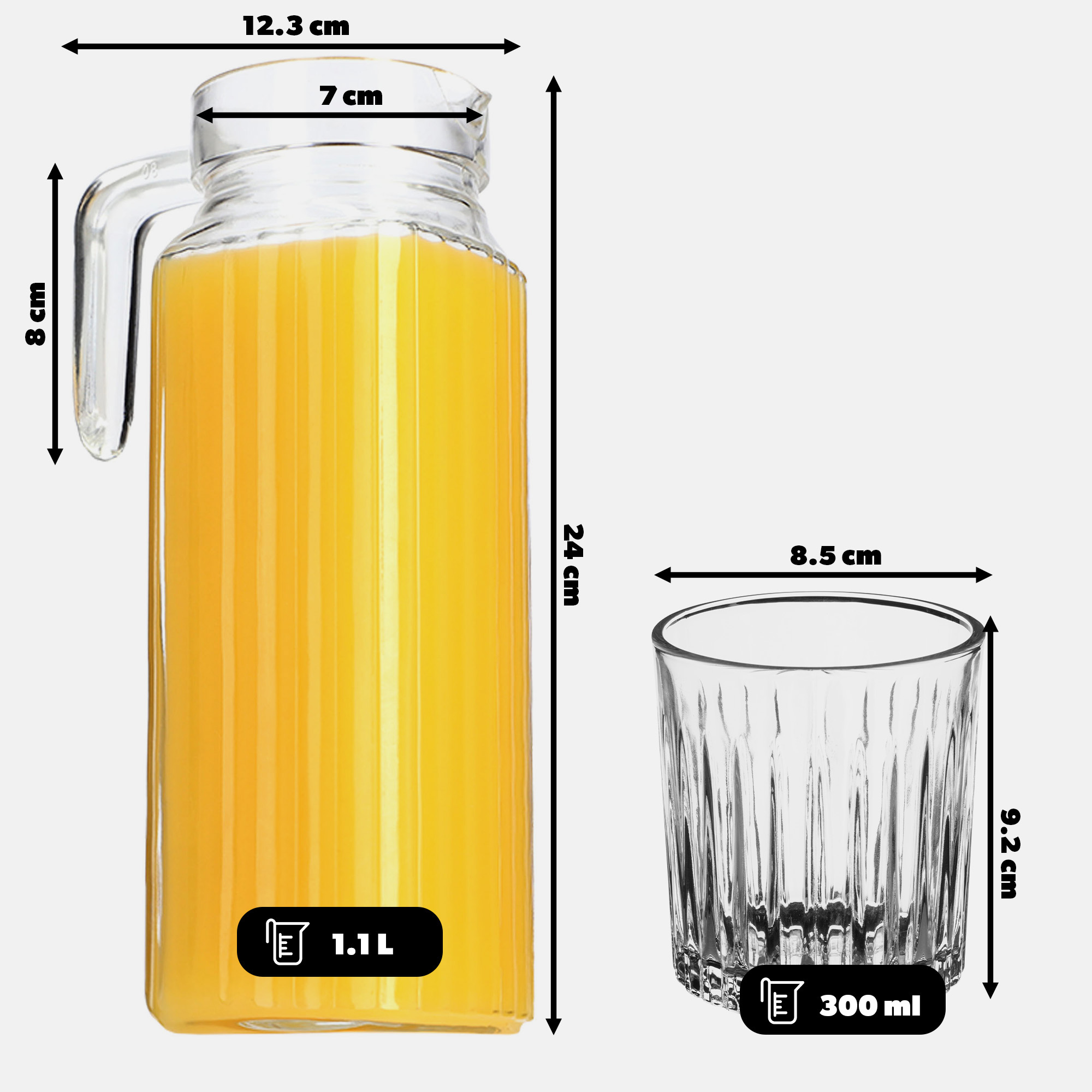 Zestaw szklanek Bargano 300 ml 6 szt + Dzbanek 1,1L