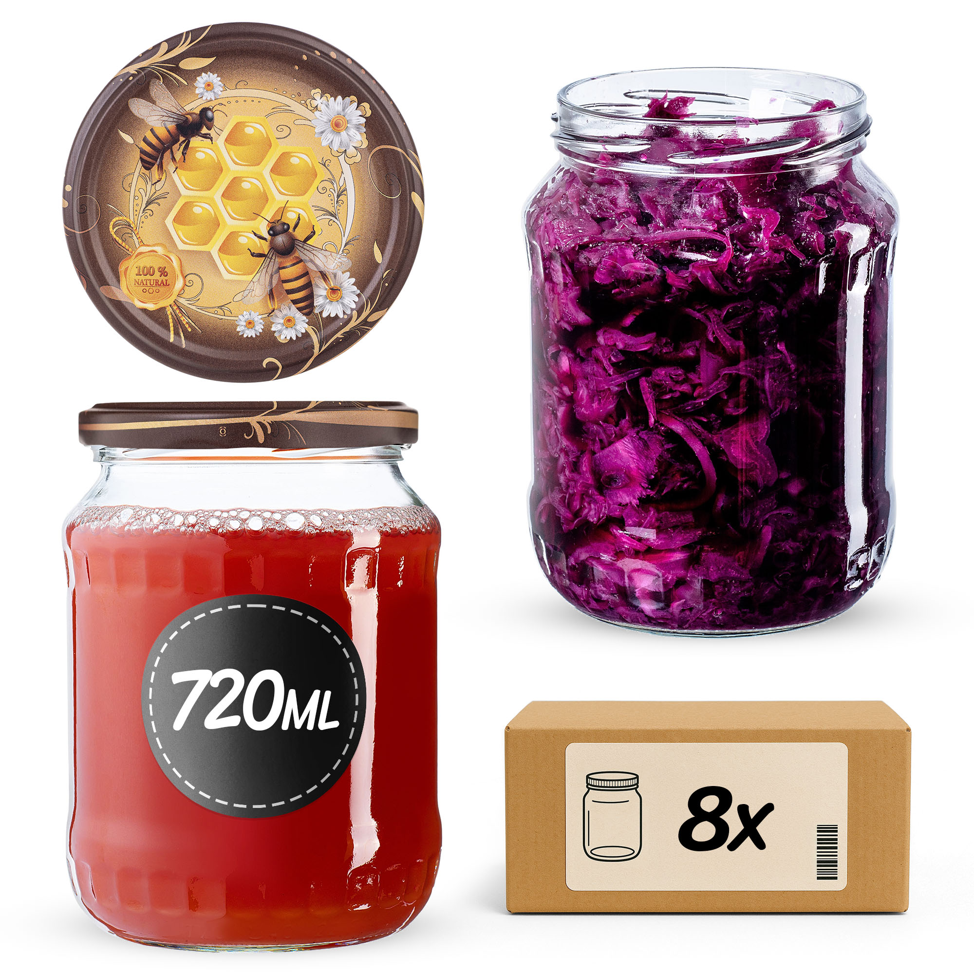 Słoiki na przetwory Jukka 720ml fi 82 mm 8szt + wieczko Miód