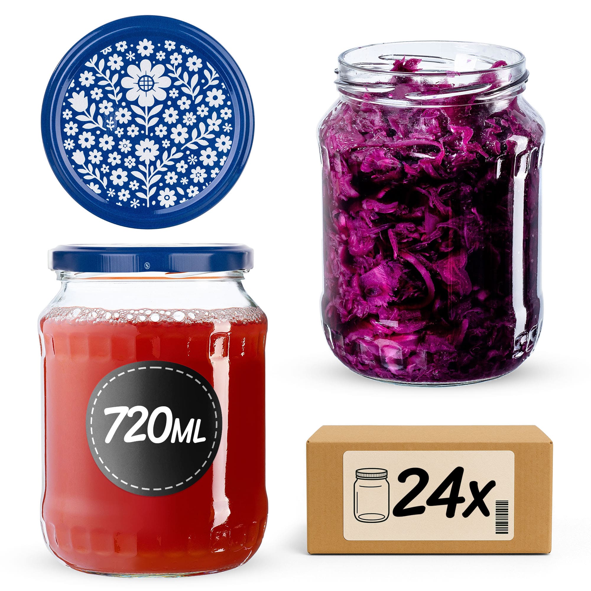 Słoiki na przetwory Jukka 720ml fi 82 mm 24szt + wieczka "Niebieski folklor"