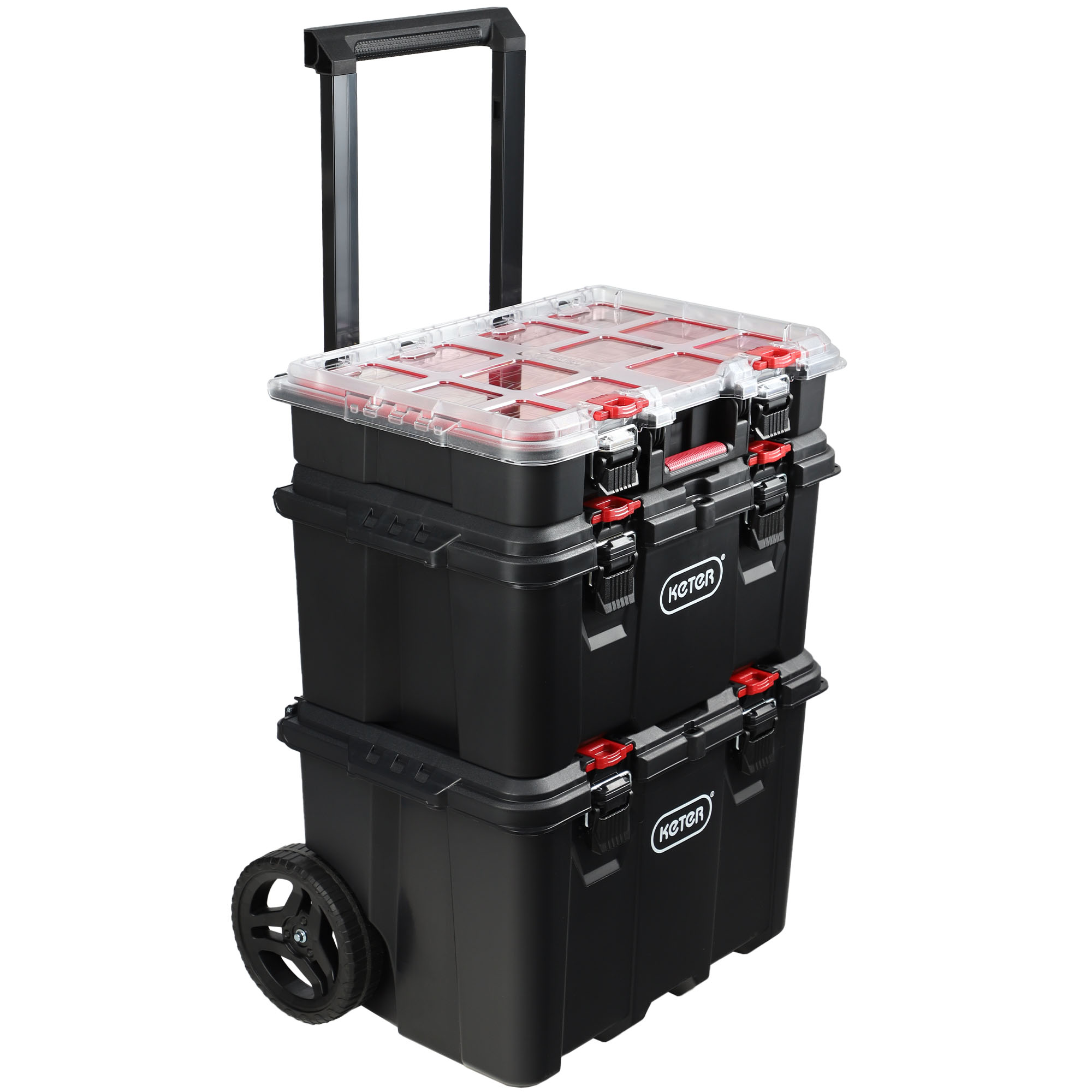Zestaw 3 skrzynek Keter Stack 'N' Roll 150L czarno-czerwony