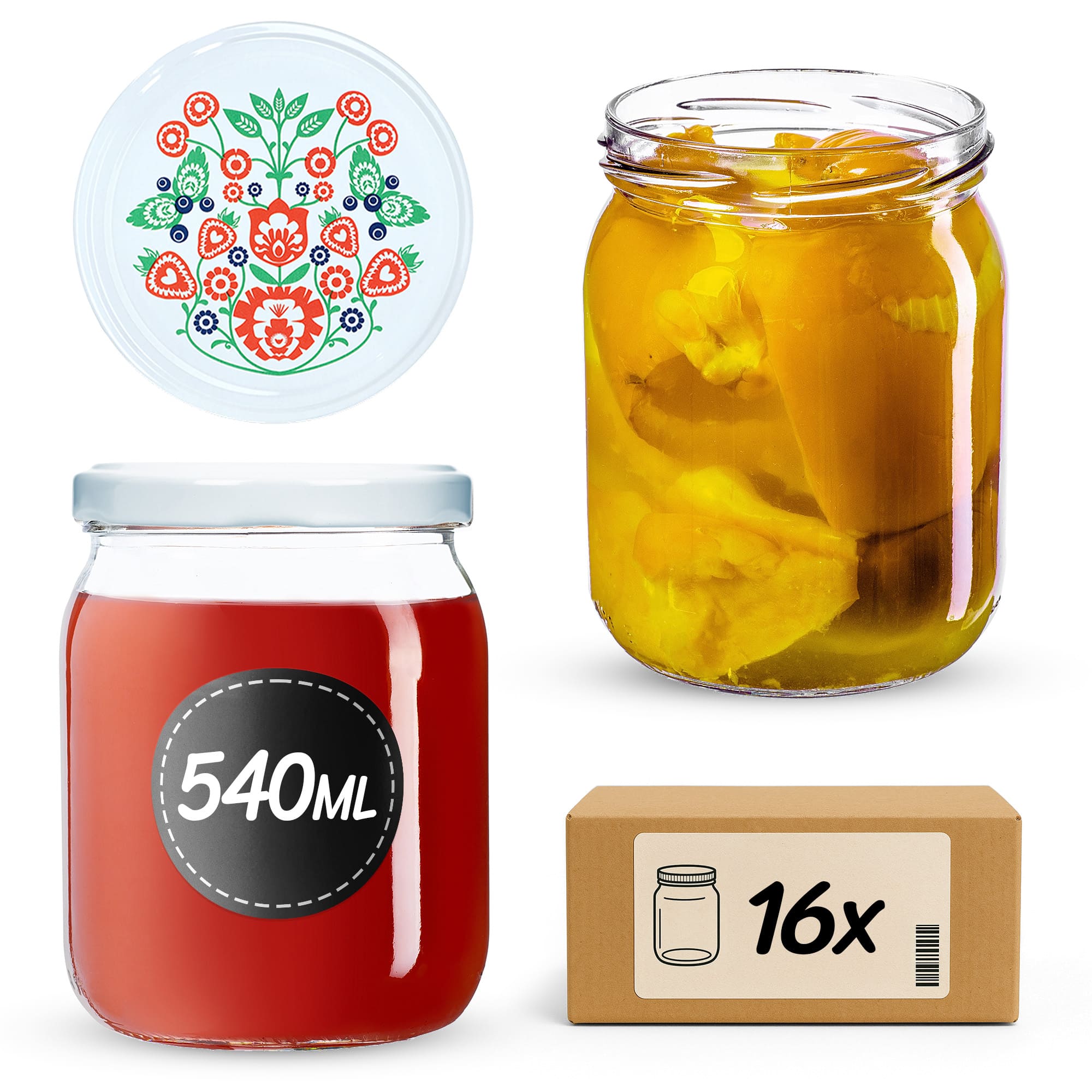Słoiki Senna 540ml 16szt fi 82 mm + wieczka "Folklor"