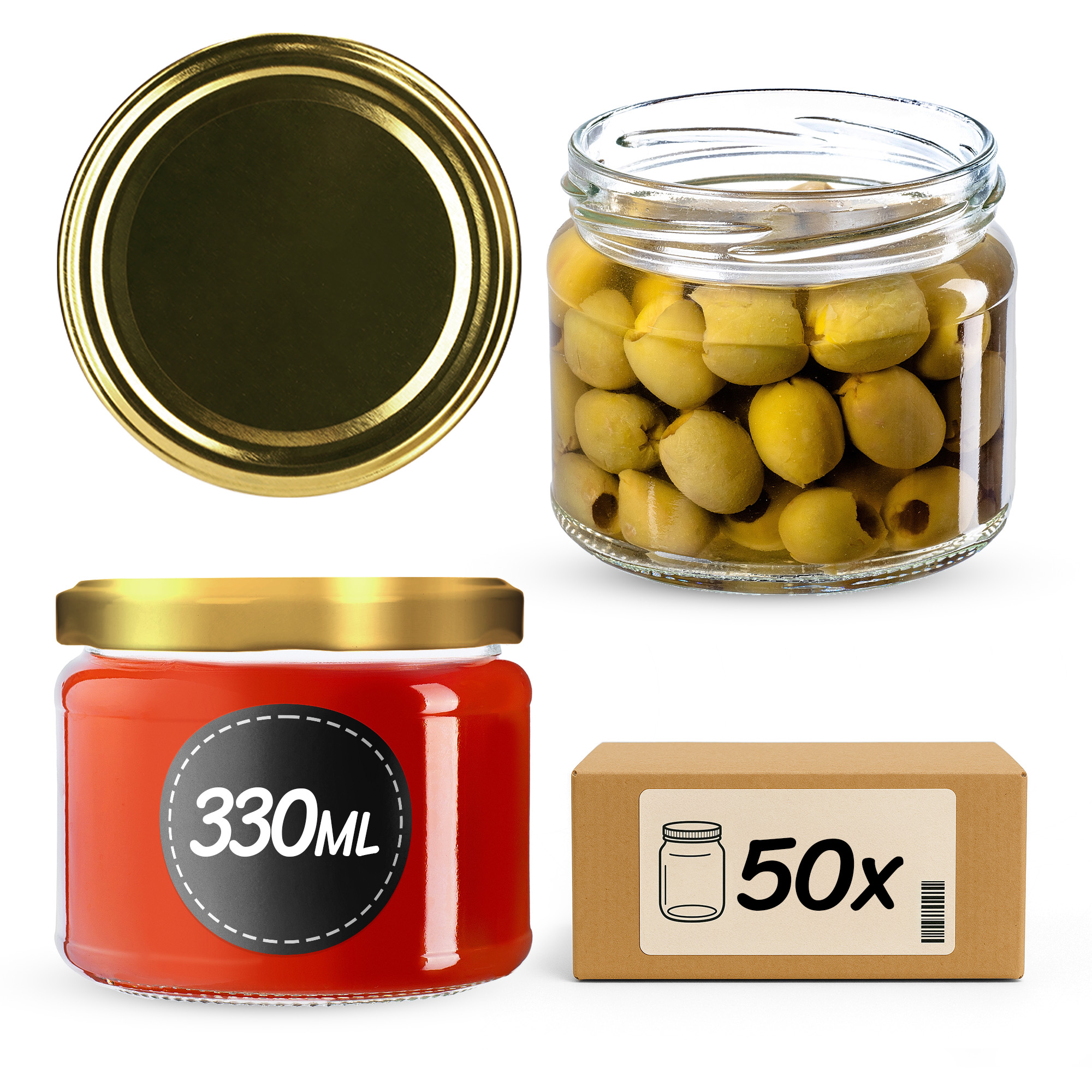 Słoiki Sonka 330ml 50szt fi 82 mm + wieczka złote