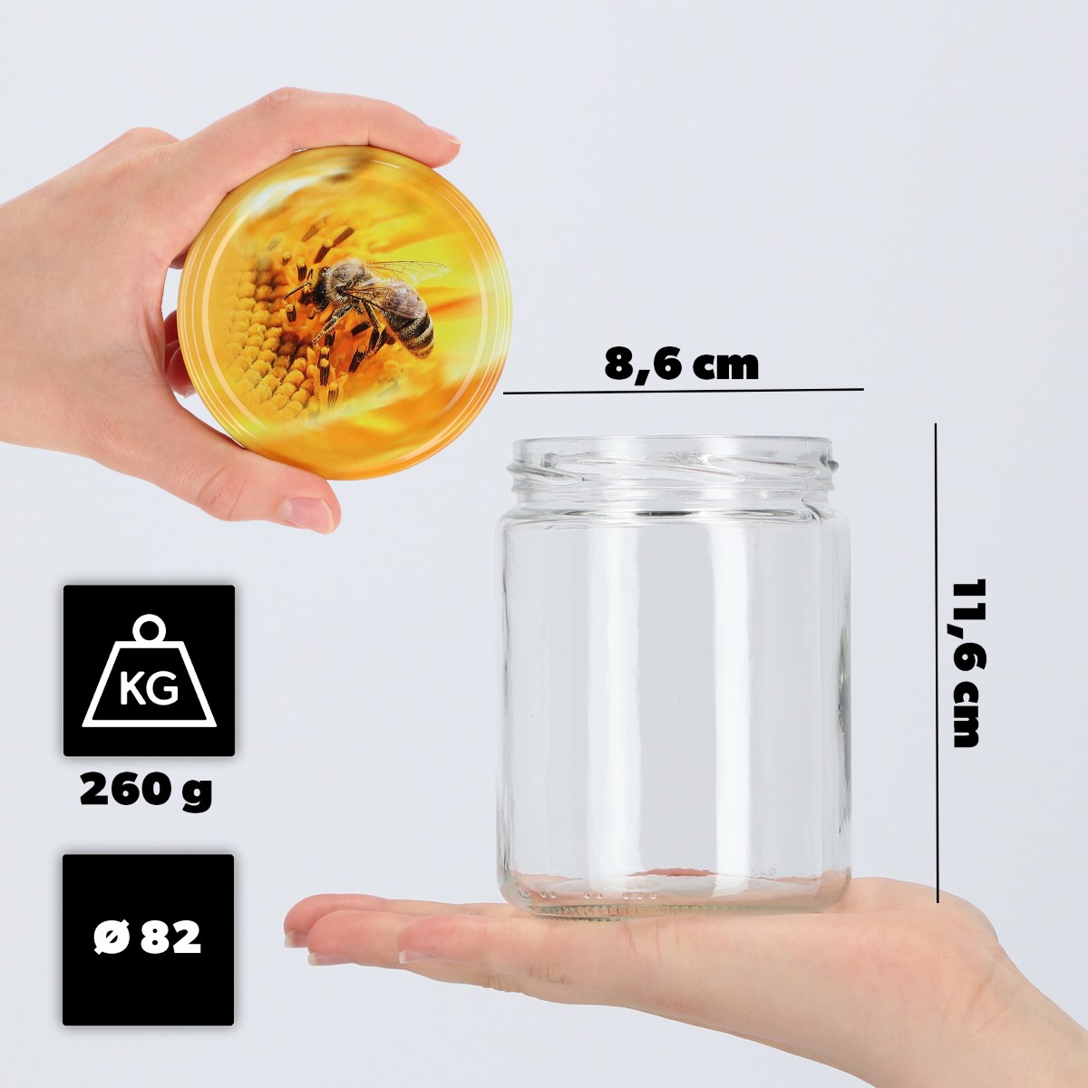 Słoiki na przetwory Maki 540ml 8szt fi 82 mm + wieczka "Pszczoła"