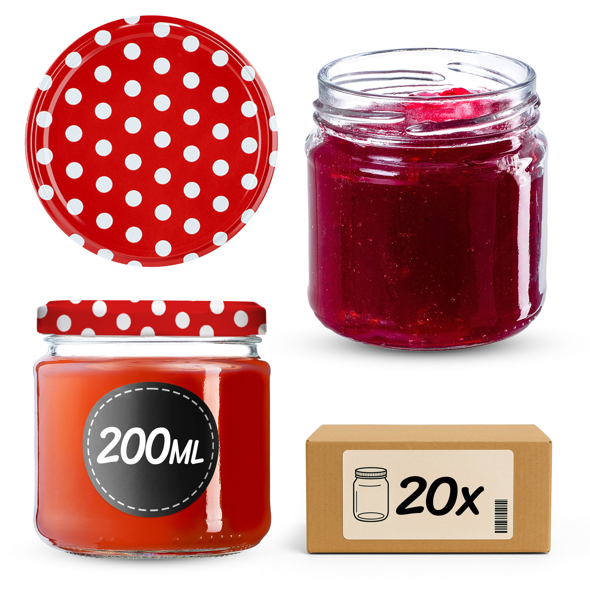 Słoiki na przetwory Lerma 200ml 20szt fi 66 mm + wieczka "Groszek czerwony"