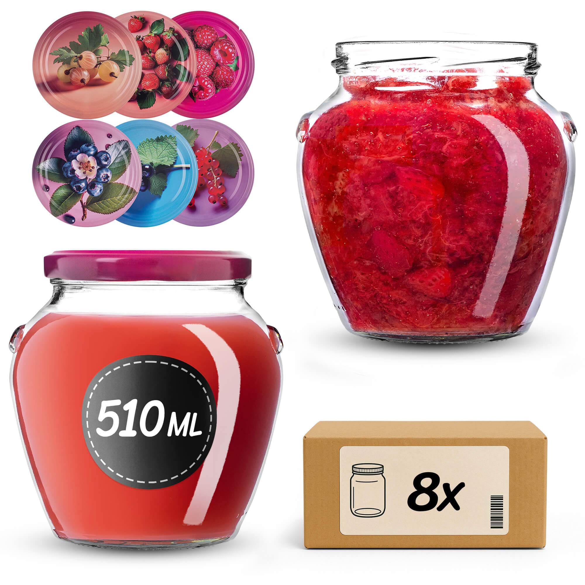 Słoiki na przetwory Sassa 580ml 8szt fi 82 mm + wieczka "Mix jagód"