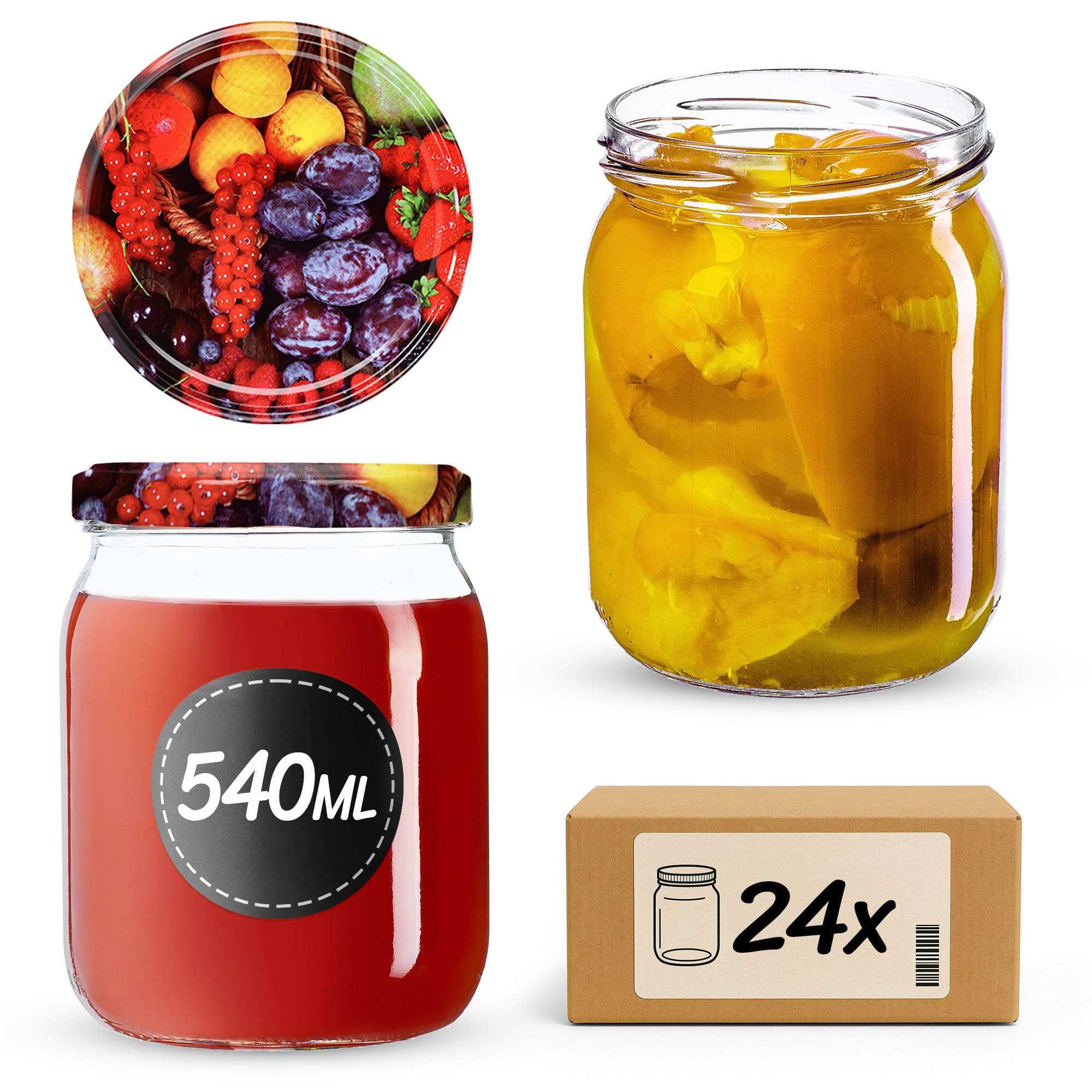 Słoiki Senna 540ml 24szt fi 82 mm + wieczka "Owoce"