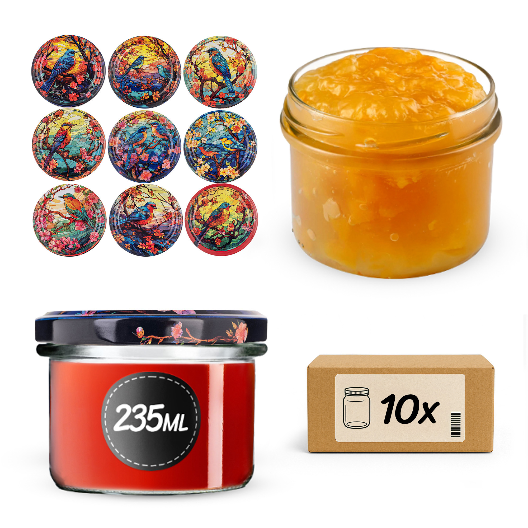 Słoiki na przetwory Tartu 235ml fi 82 mm 10szt + wieczko Ptaki