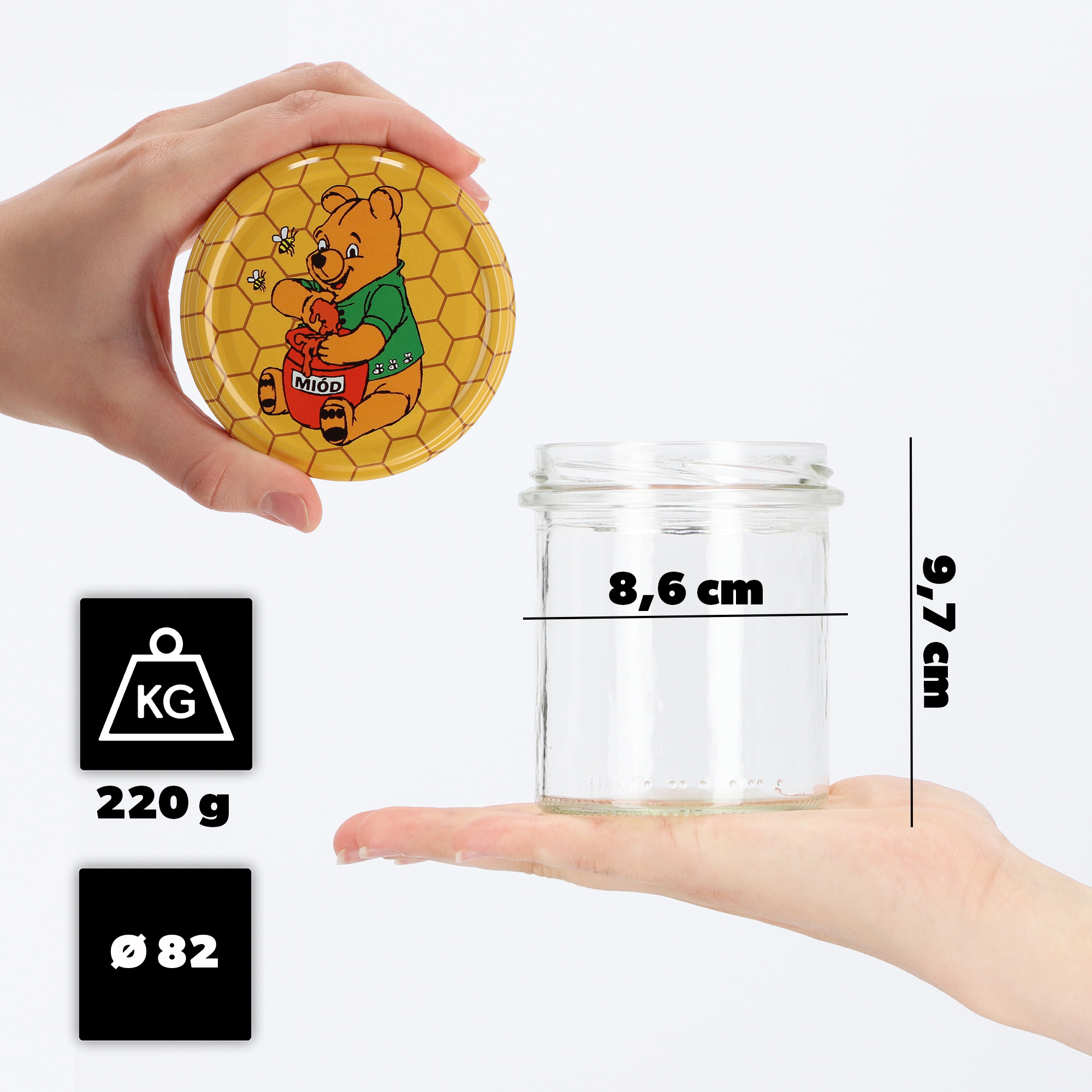 Słoiki na przetwory Avila 350ml 20szt fi 82 mm + wieczka "Miód"