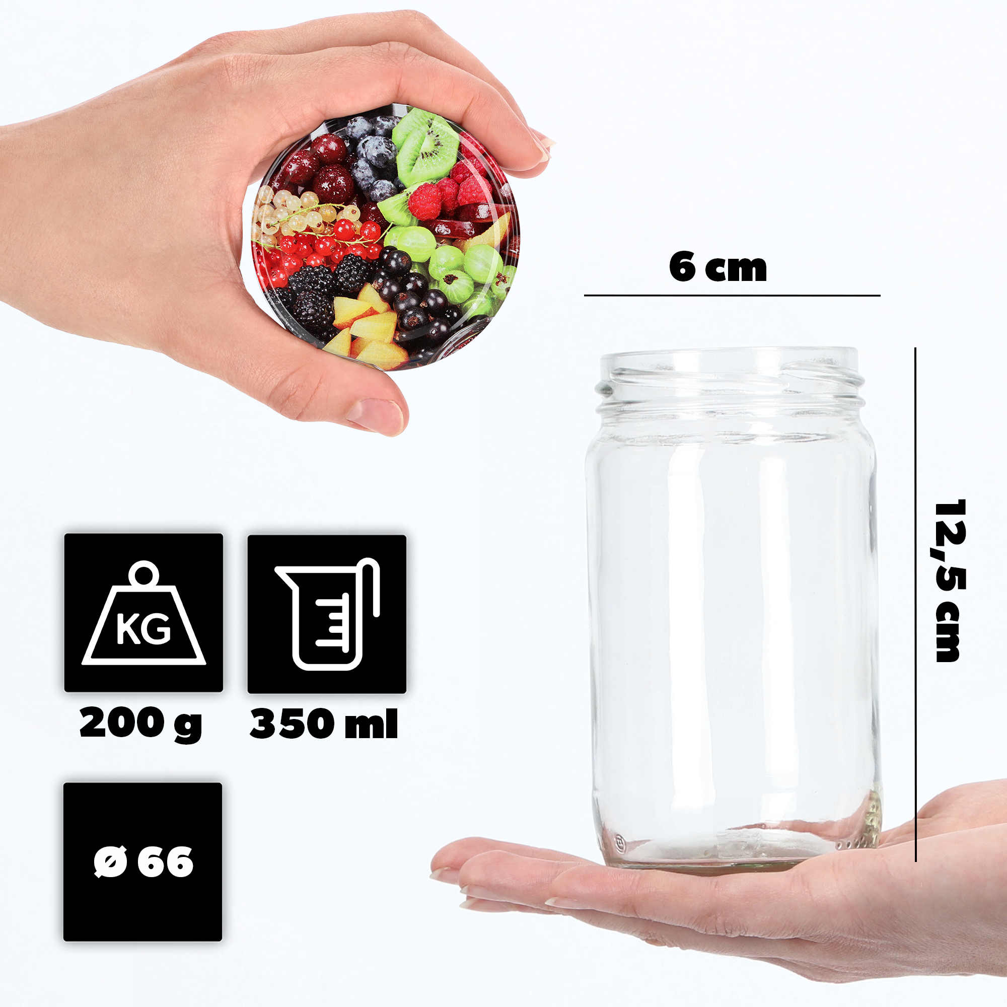 Słoiki na przetwory Gera 350ml fi 66 mm 100szt + wieczka "Owoce"