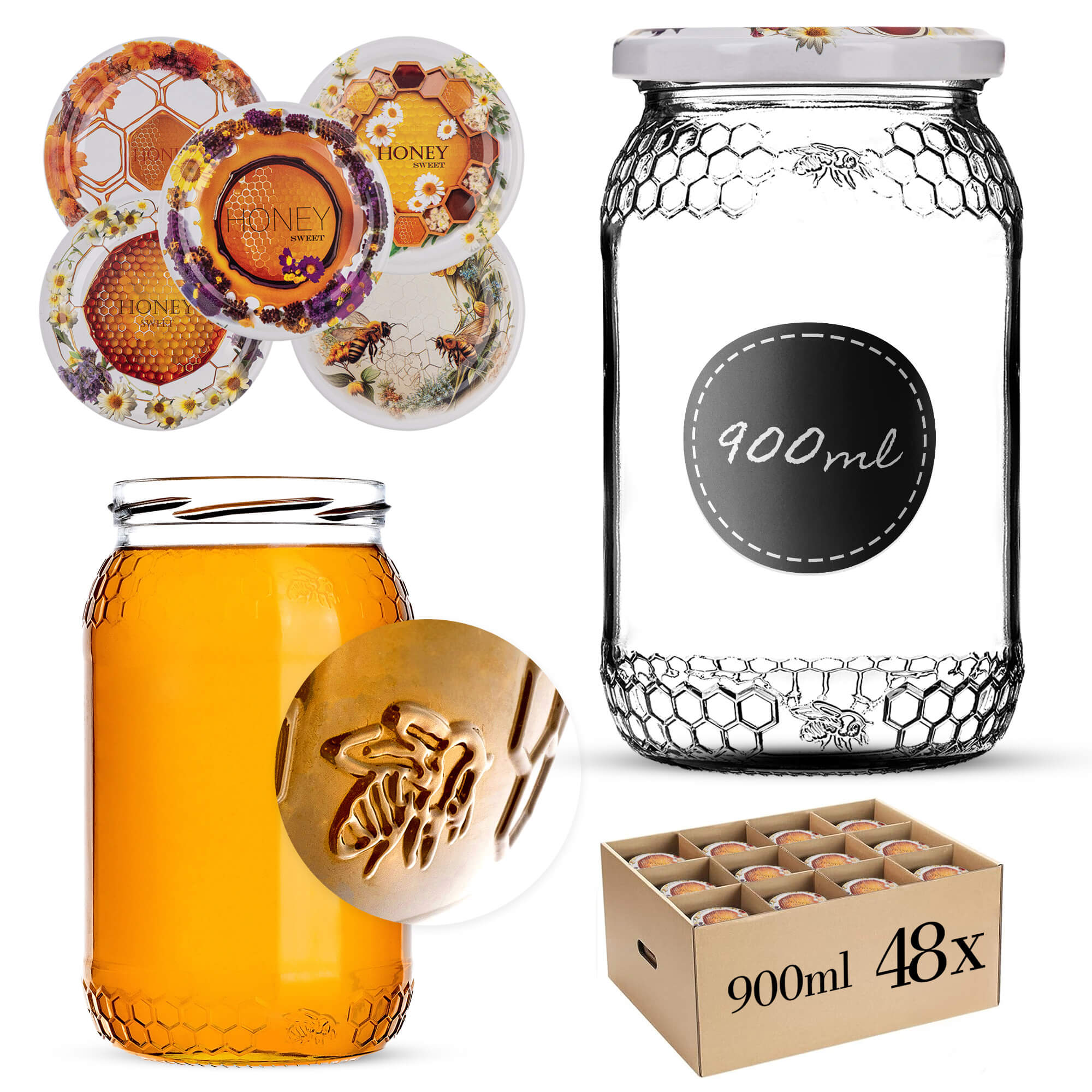 Szklany słój Lierde 900ml fi 82 mm 48 szt. + wieczka "Słodki miód"