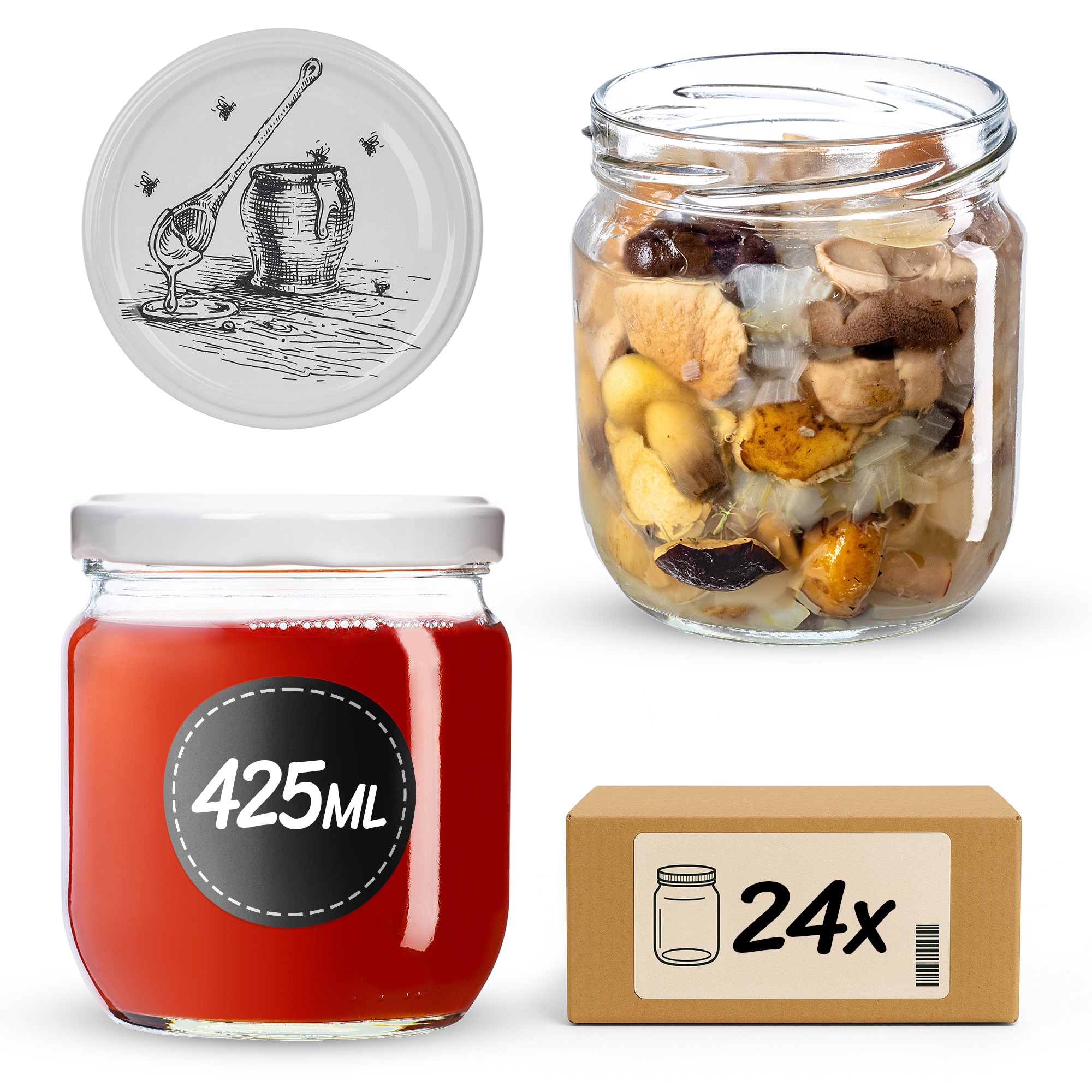 Słoiki na przetwory Salla 425ml fi 82 mm 24szt + wieczko Pszczoła
