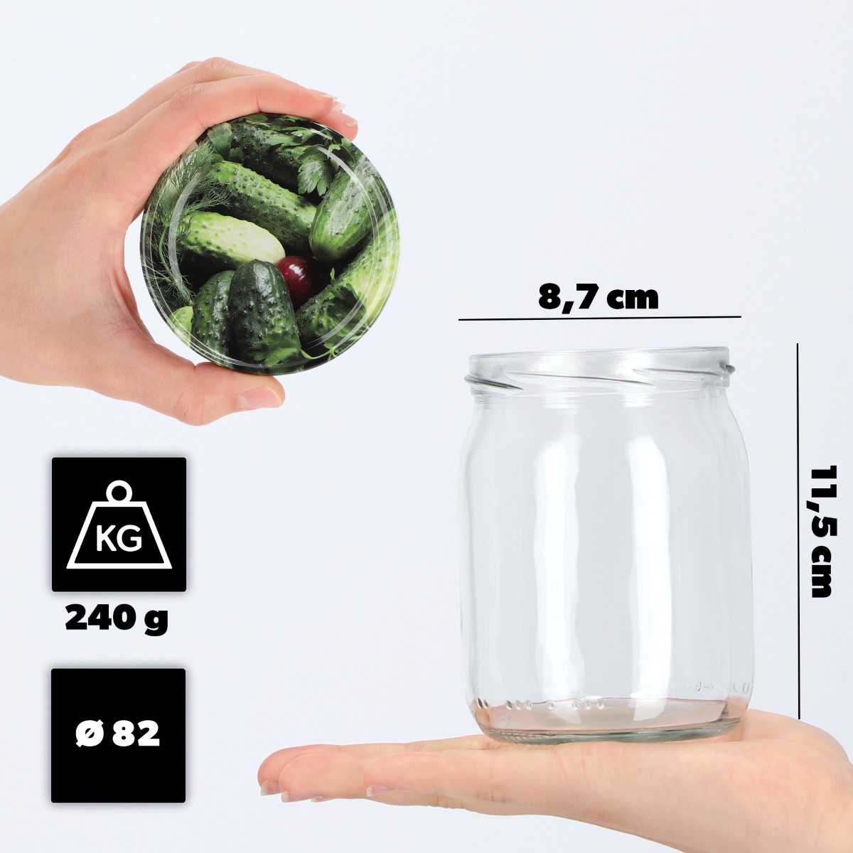 Słoiki Senna 540ml 16szt fi 82 mm + wieczka "Ogórki"