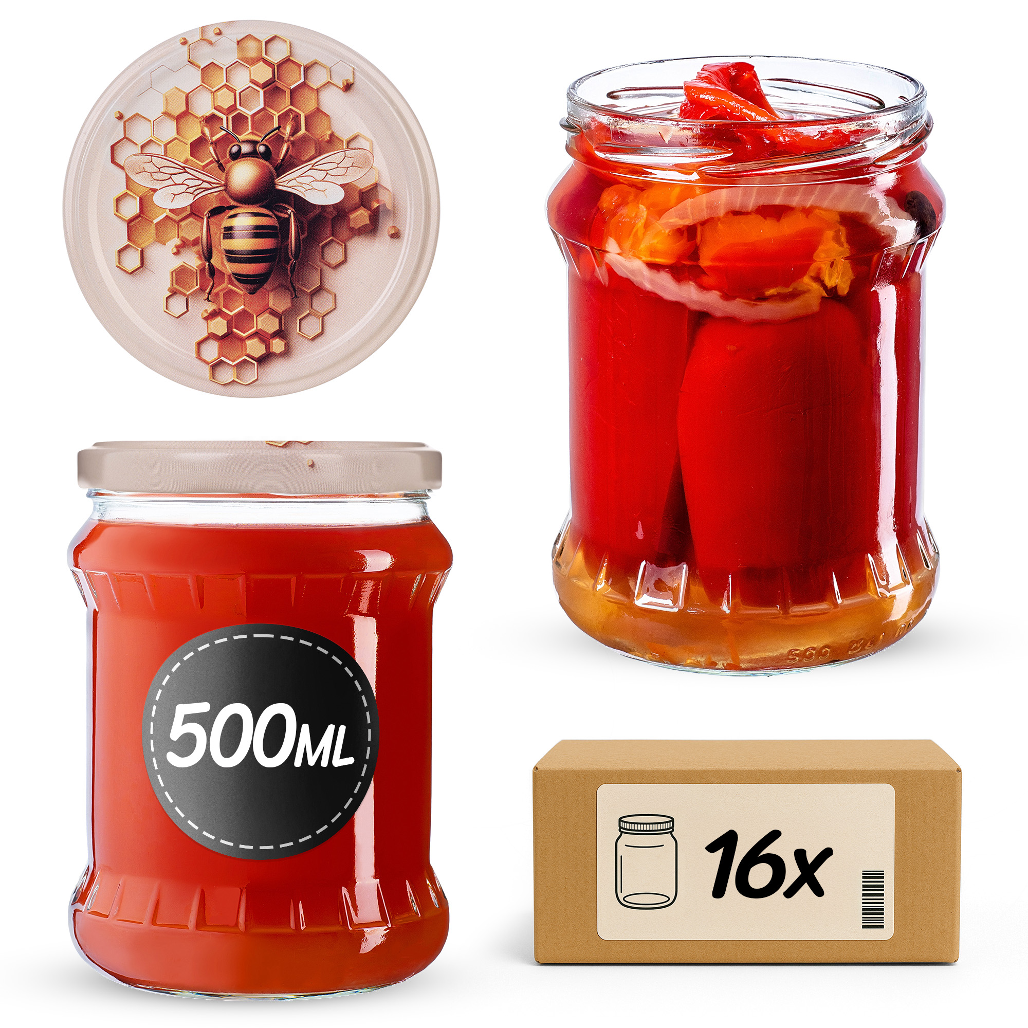 Słoiki na przetwory Kisko 500ml fi 82 mm 16szt + wieczko Pszczoła