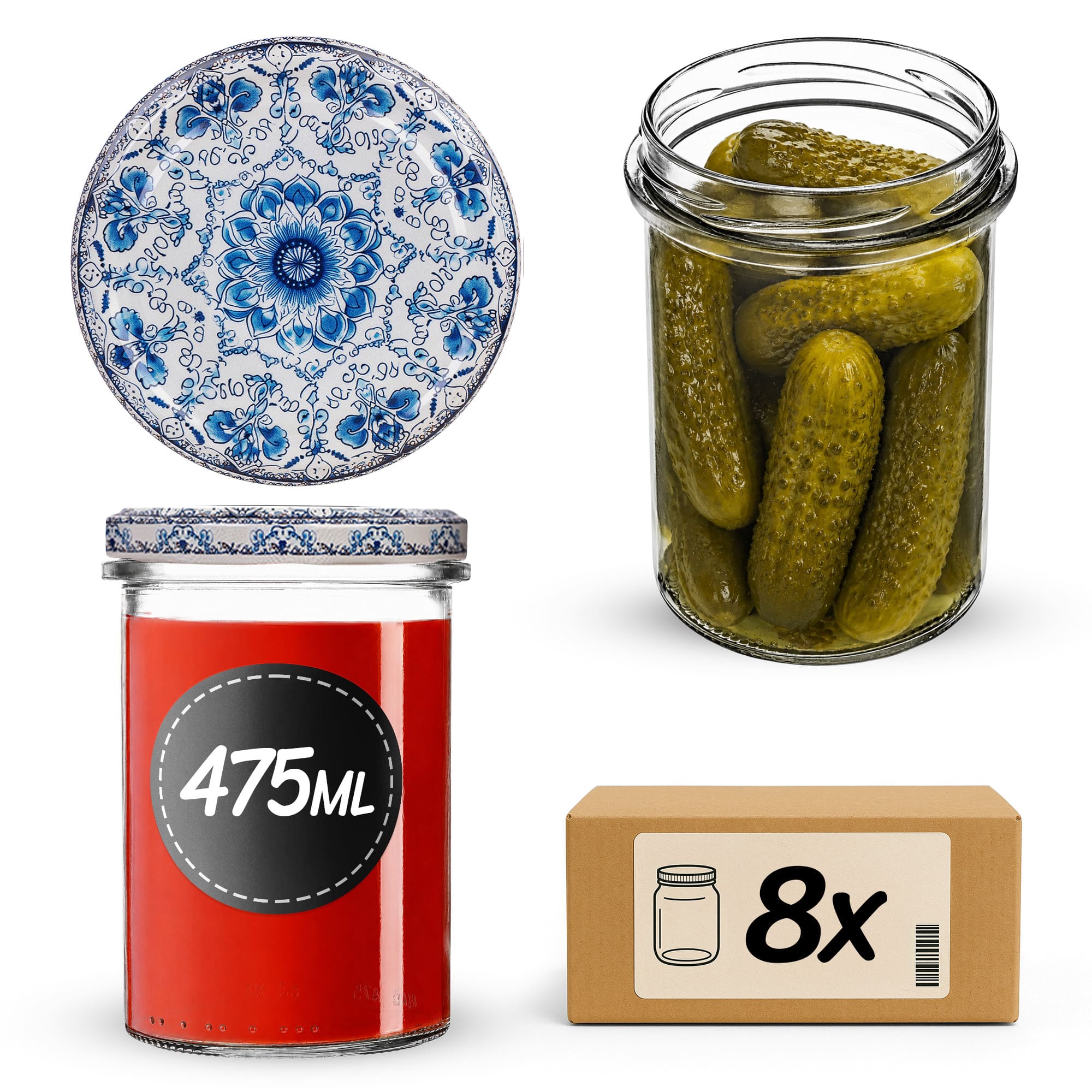 Słoiki na przetwory Befa 475ml 8szt fi 82 mm + wieczka "Porcelana"