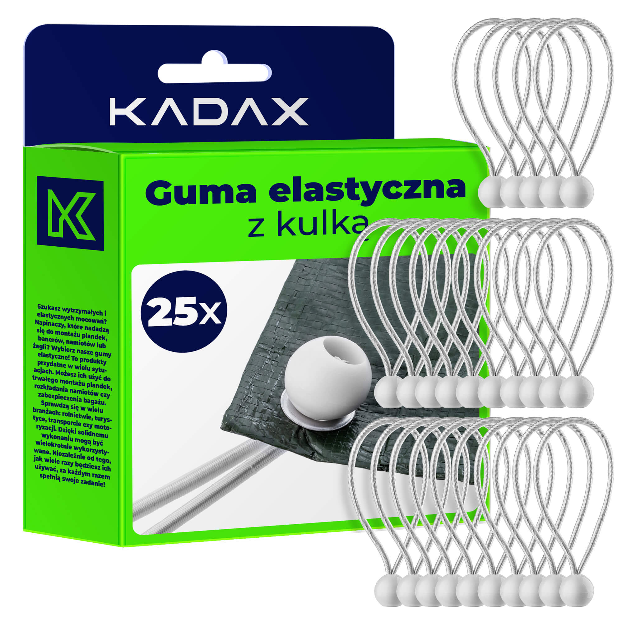 Gumy z kulką do mocowania plandek białe, 25 szt.