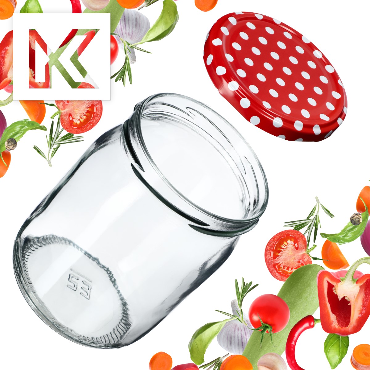 Słoiki Senna 540ml 16szt fi 82 mm + wieczka "Czerwony groszek"