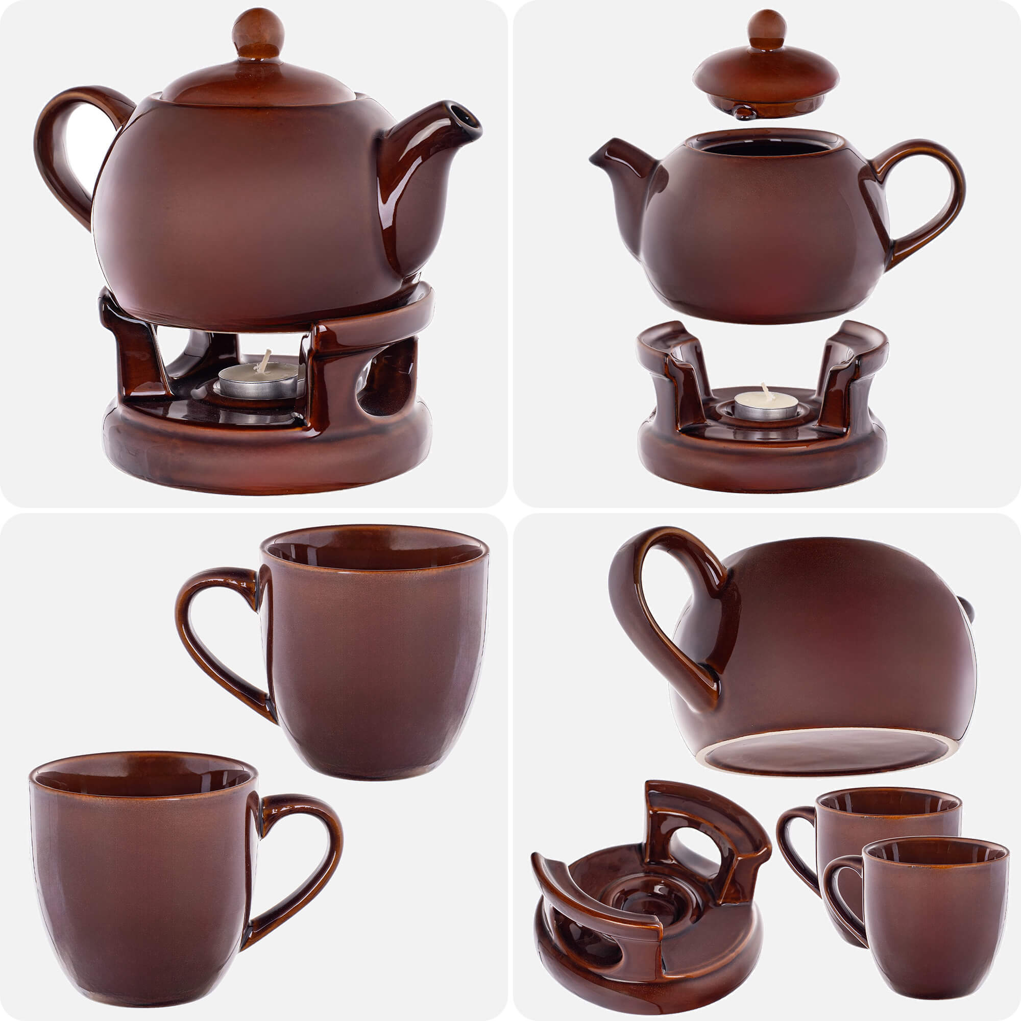 Dzbanek ceramiczny z podgrzewaczem Irais 1L + 2 kubki brązowy