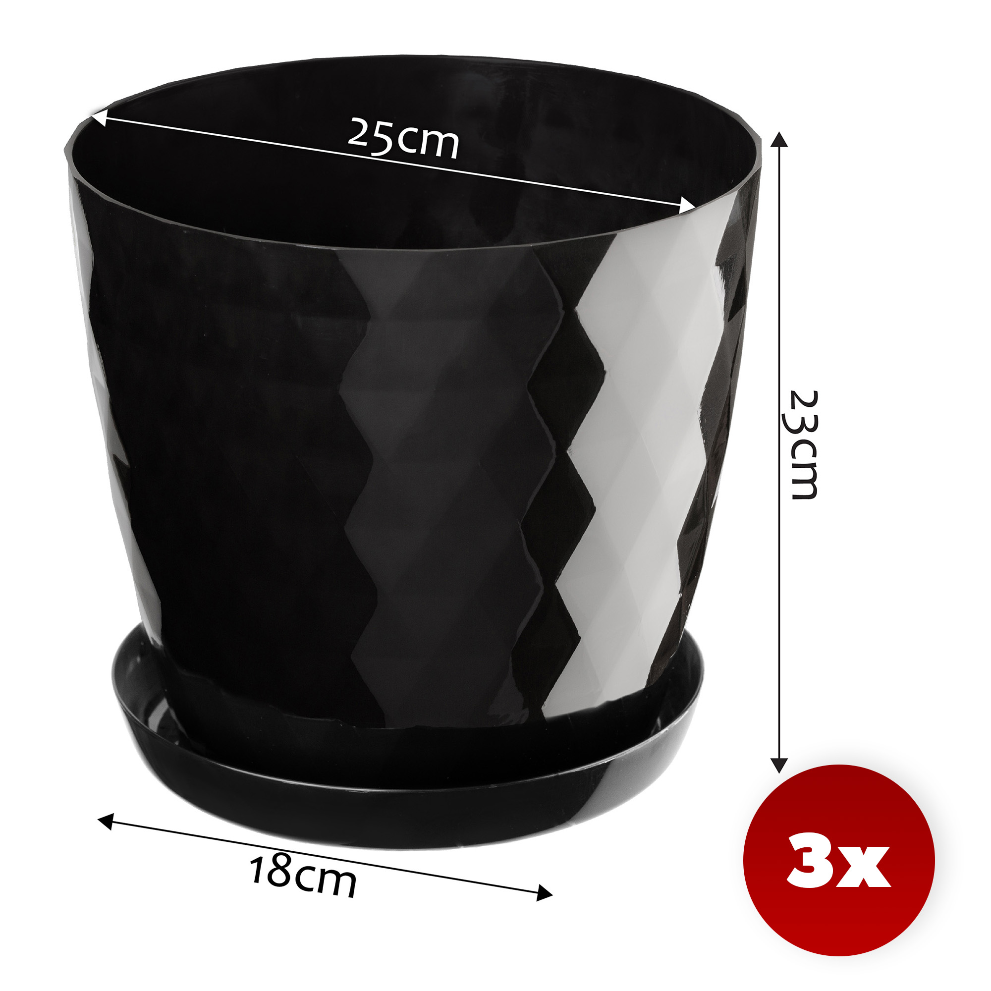 Doniczka na kwiaty z podstawką czarna Amily 25 cm, 3 szt.