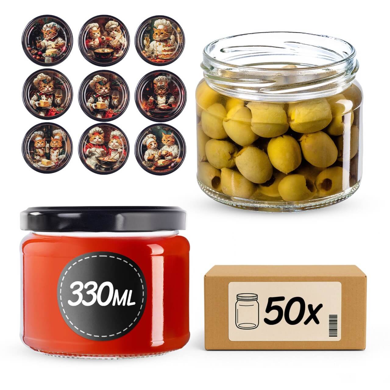 Słoiki na przetwory Sonka 330ml 50szt fi 82 mm + wieczka "Koty"