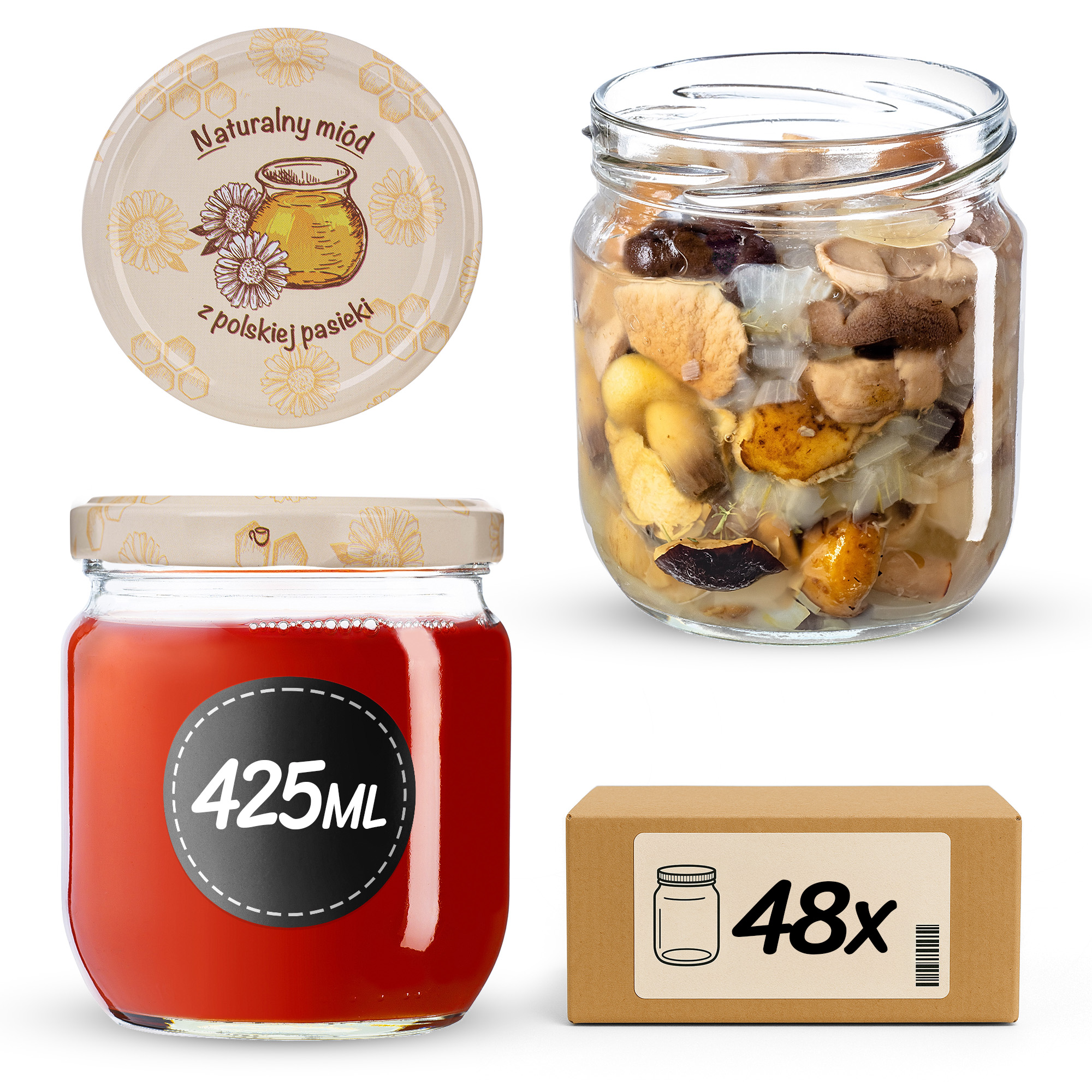 Słoiki na przetwory Salla 425ml fi 82 mm 48szt + wieczko Miód z pasieki