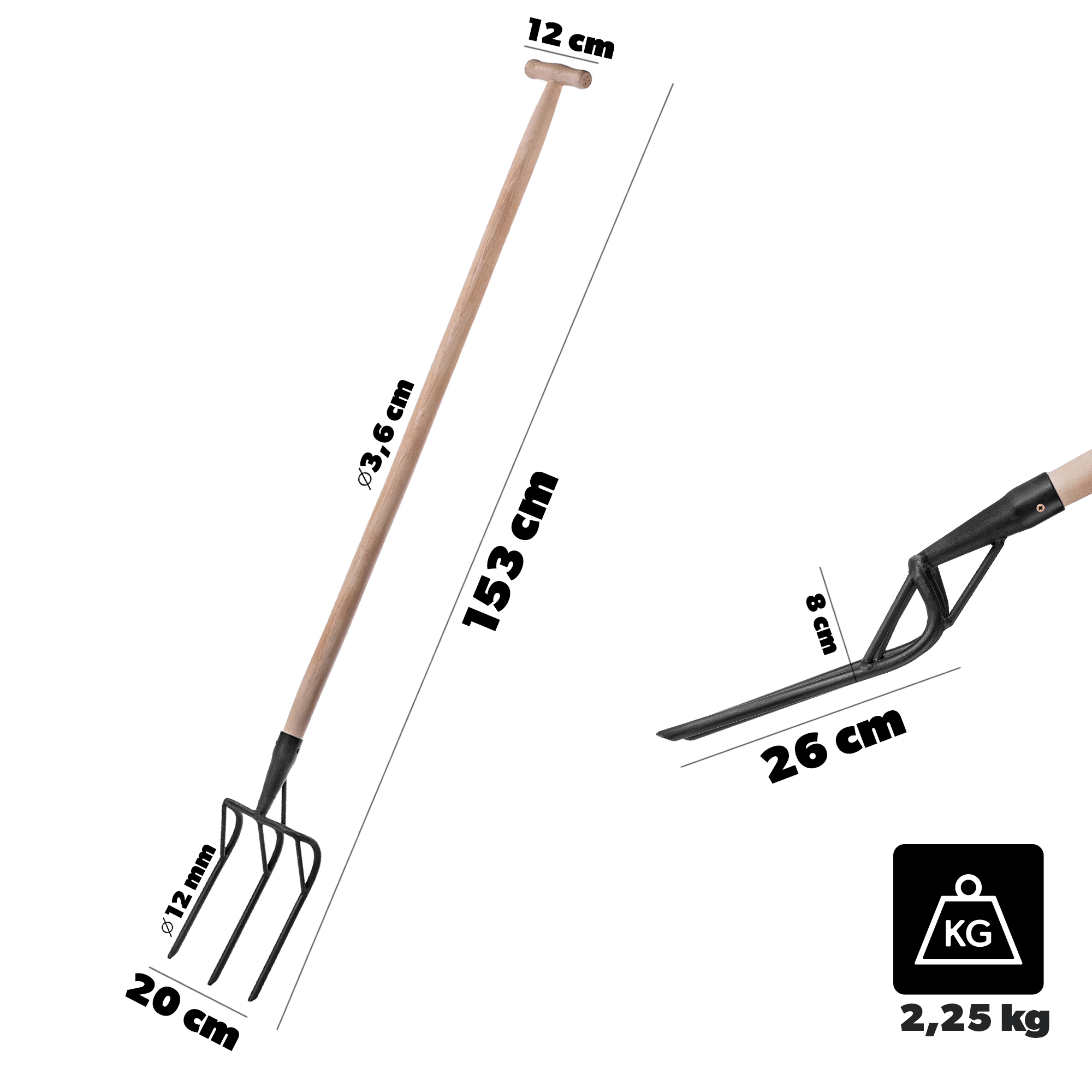 Widły do spulchniania gleby Loupit 26cm z trzonkiem