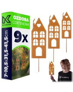 Ozdoba ogrodowa ze stali corten Laborde domy 7-10.5 x 31.5-41.5 cm 9 szt.