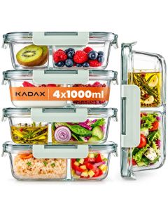 Zestaw szklanych pojemnik&oacute;w na żywność z 2 przegrodami i pokrywką Roatta 1L 4 szt.