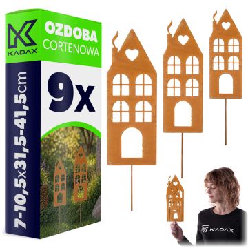 Ozdoba ogrodowa ze stali corten Laborde domy 7-10.5 x 31.5-41.5 cm 9 szt.