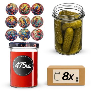 Słoiki na przetwory Befa 475ml 8szt fi 82 mm + wieczka "Witraż z ptakami"