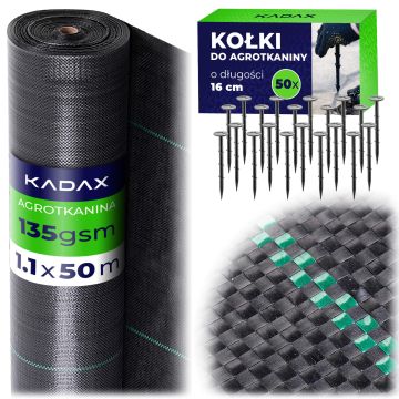 Agrotkanina ogrodowa Auros 1.1 x 50m 135 g/m² czarna + kołki 50 szt.