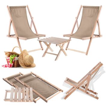 Zestaw stolik kawowy do leżaków Anjouin naturalny + 2 leżaki drewniane cappuccino