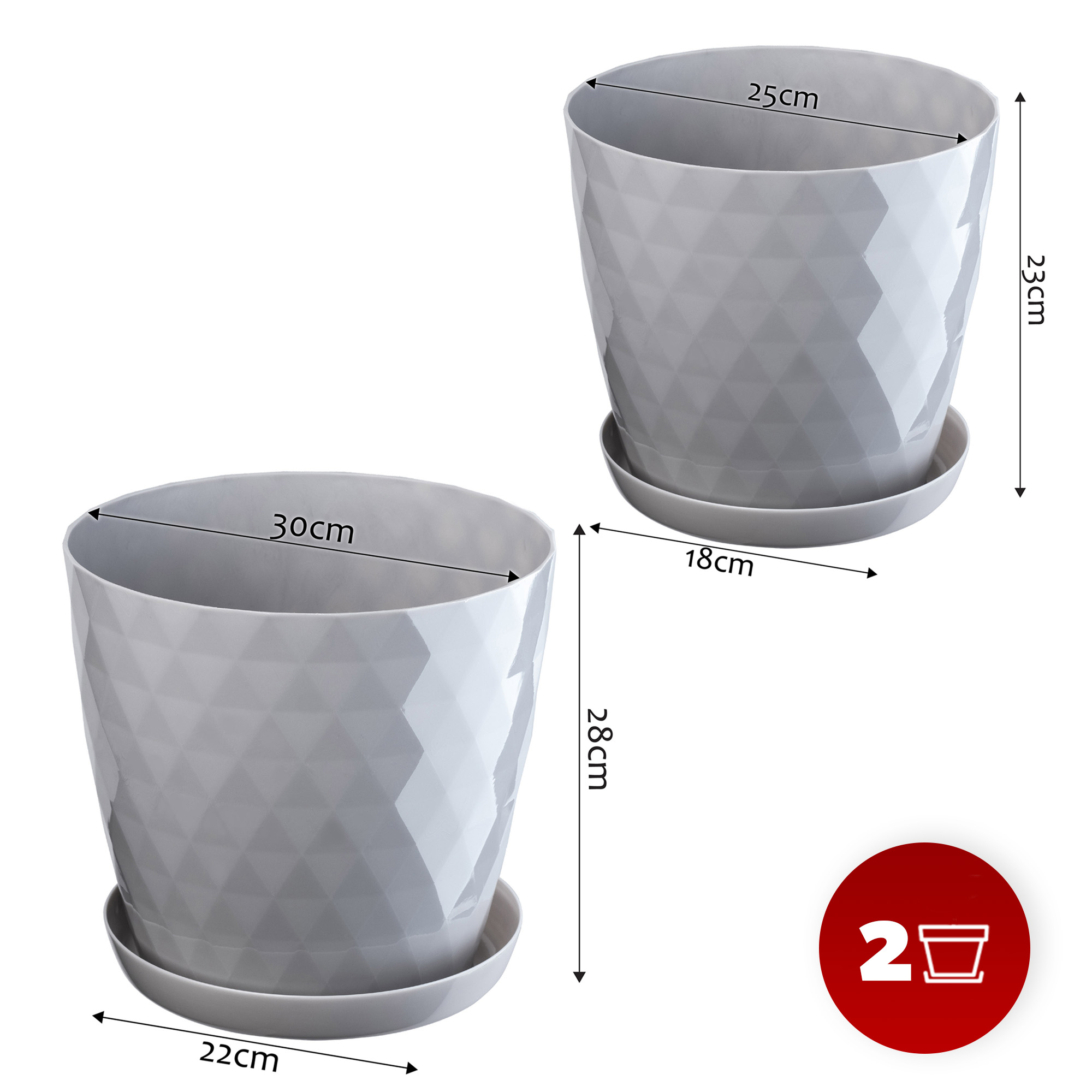 Doniczka na kwiaty z podstawką szara Amily 25 cm + 30 cm, 2 szt.