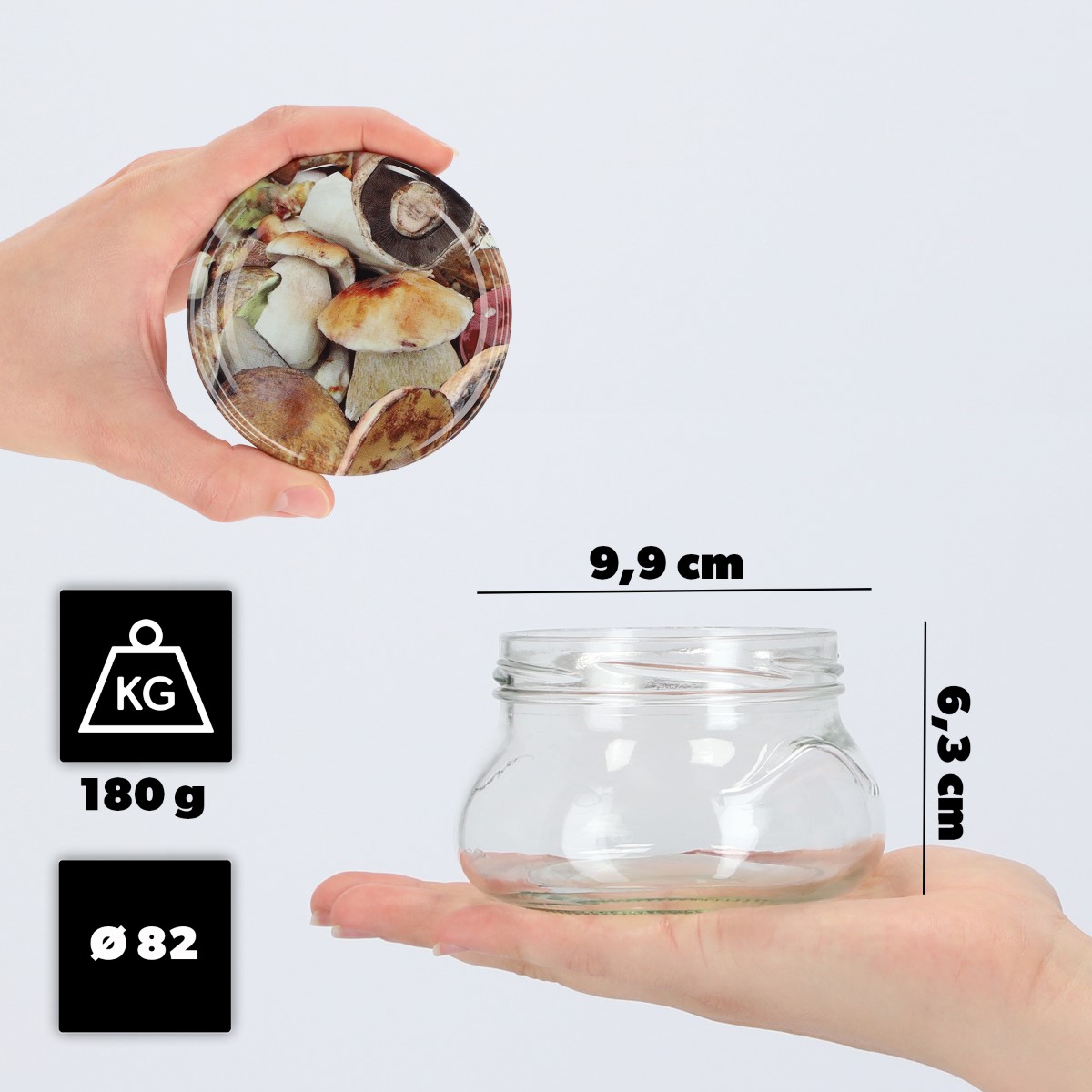 Słoiki na przetwory Raja 300ml 10szt fi 82 mm + wieczka "Grzyby"