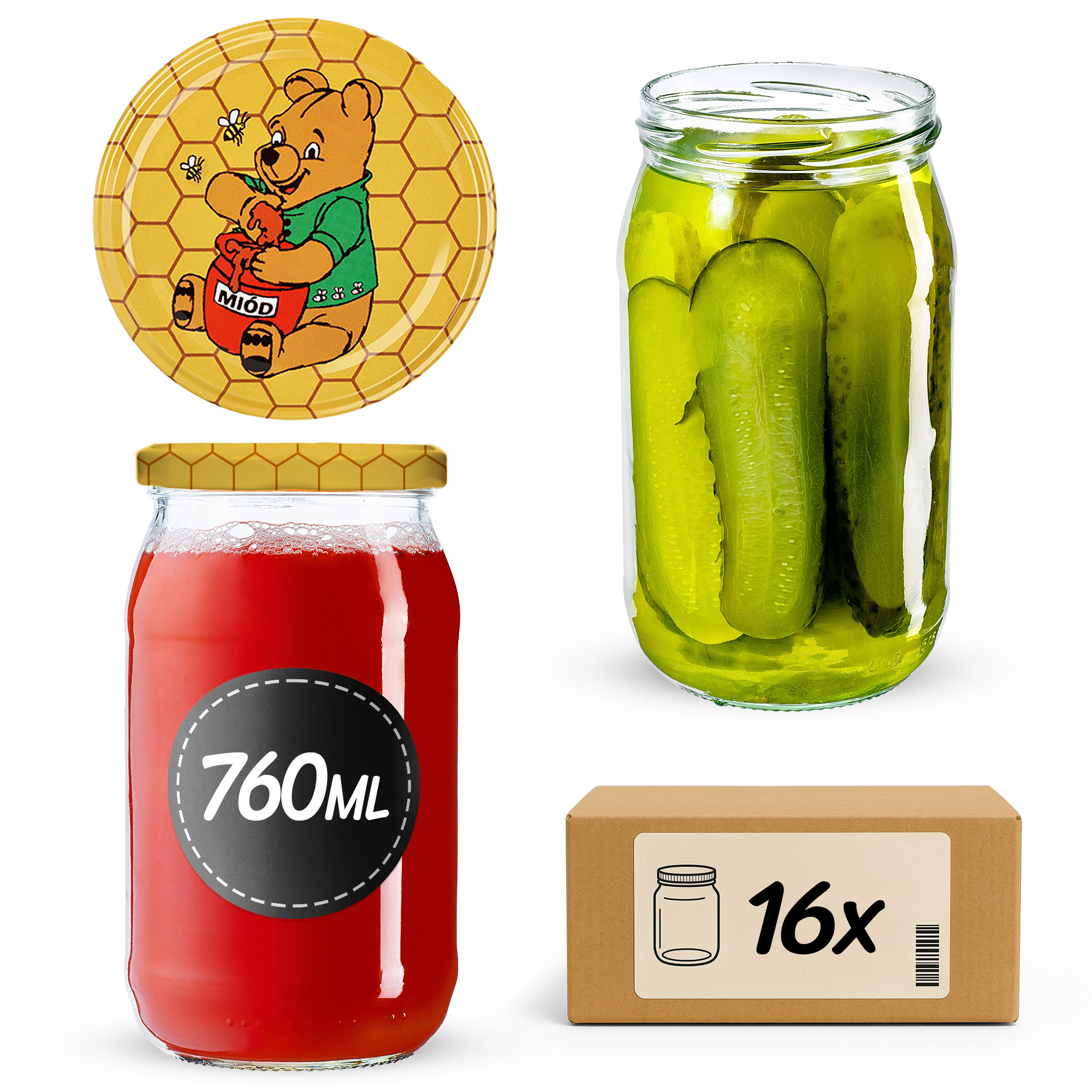 Słoiki na przetwory Niva 760ml 16szt fi 82 mm + wieczka "Miód"